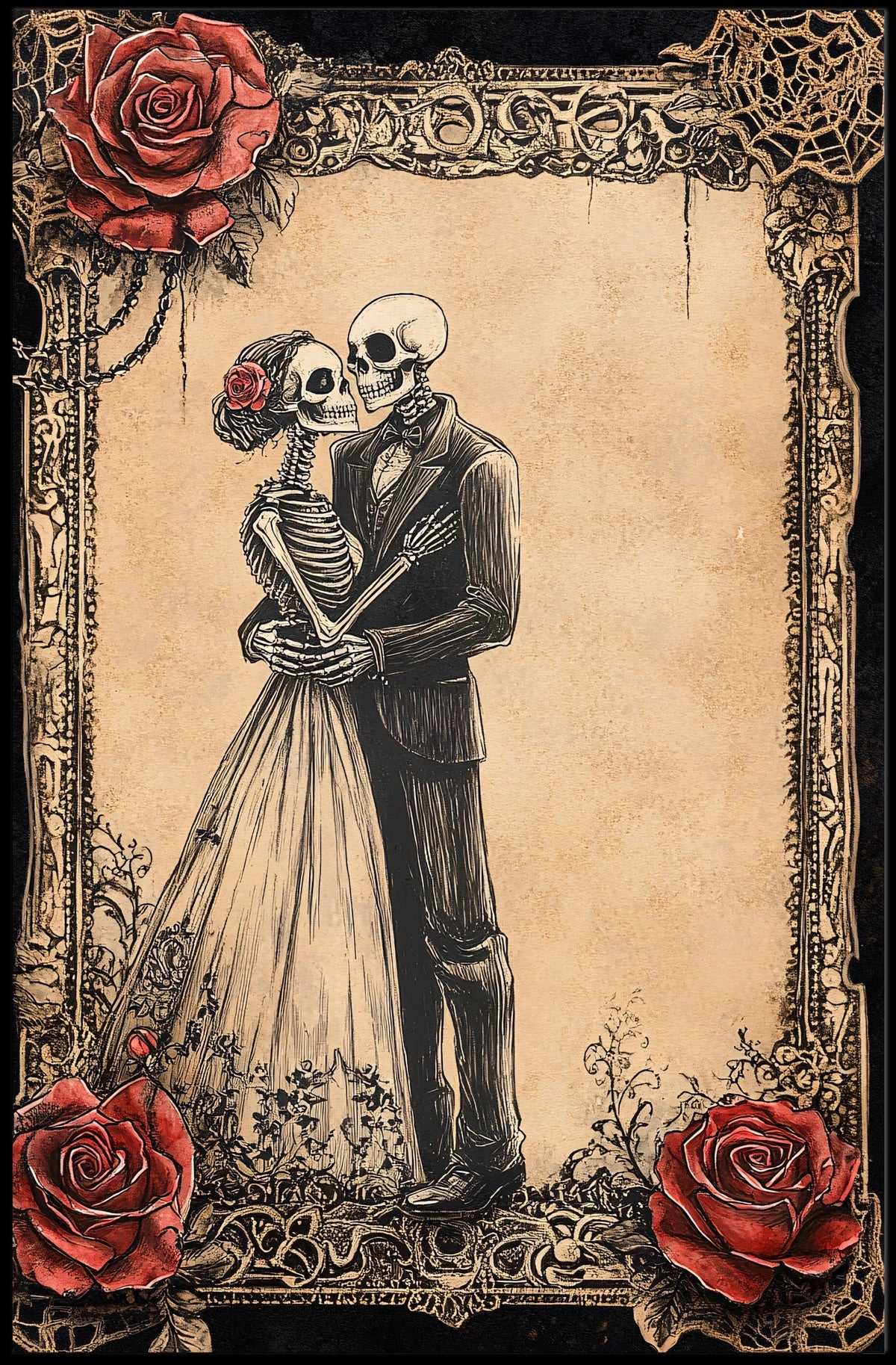Elegant Skeletal Couple Victorian Gothic Artistic Poster