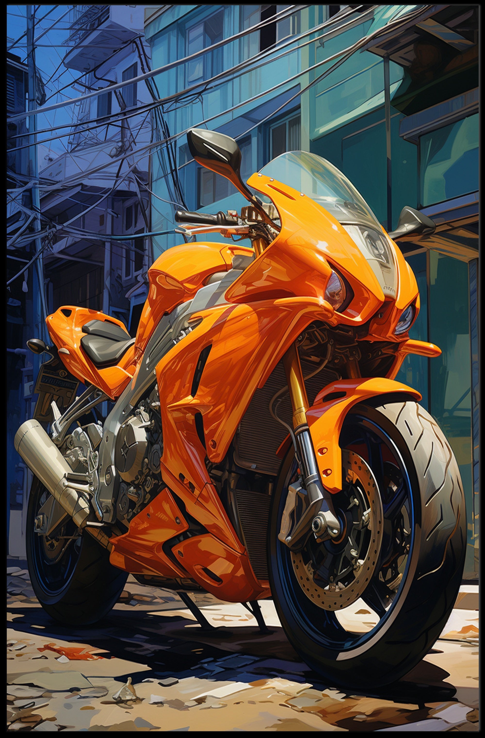 Vibrant Urban Motorcycle Poster PosterGoat