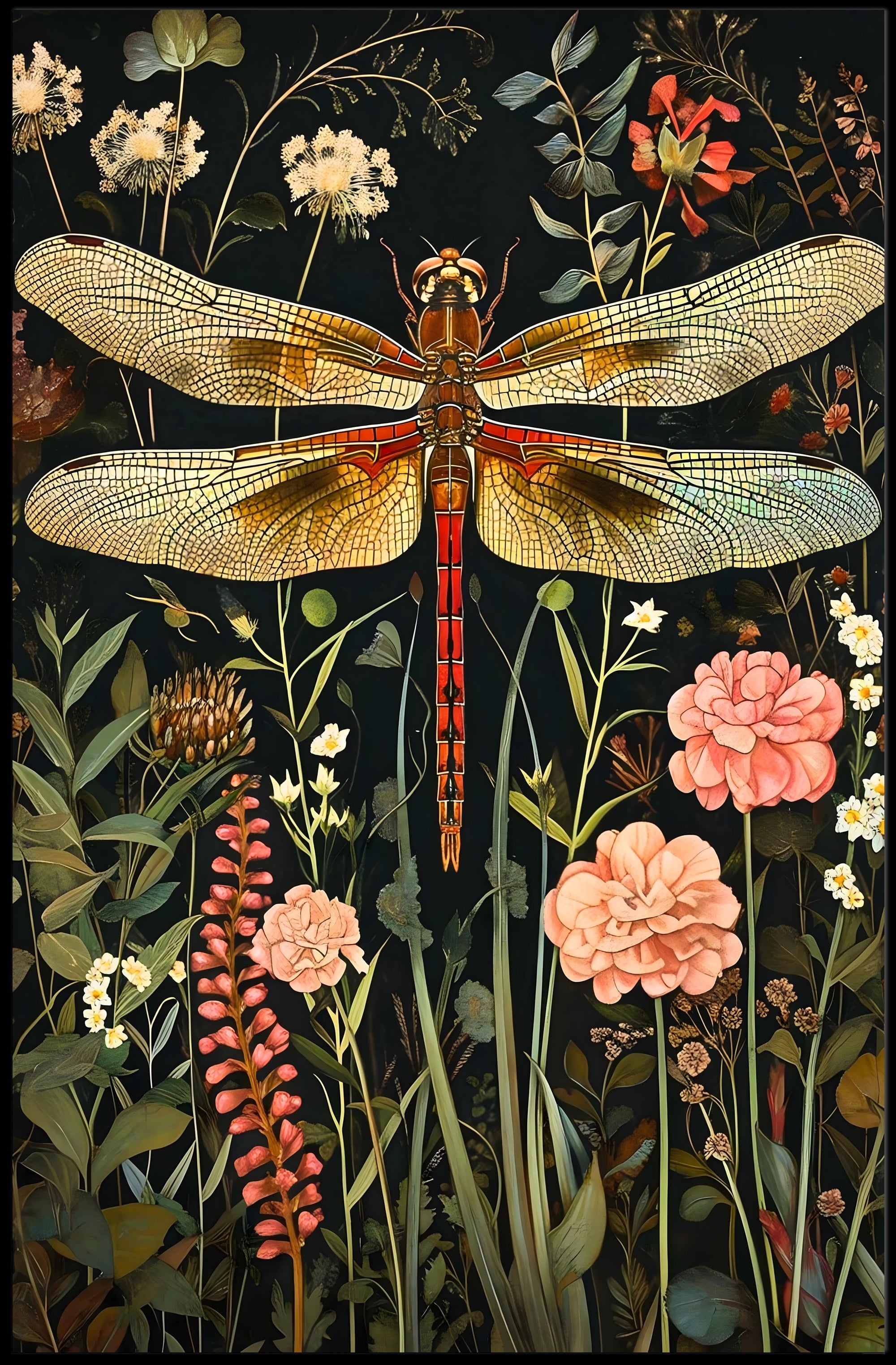 Dragonfly Botanical Art Print - Fantasy or Mythology Poster