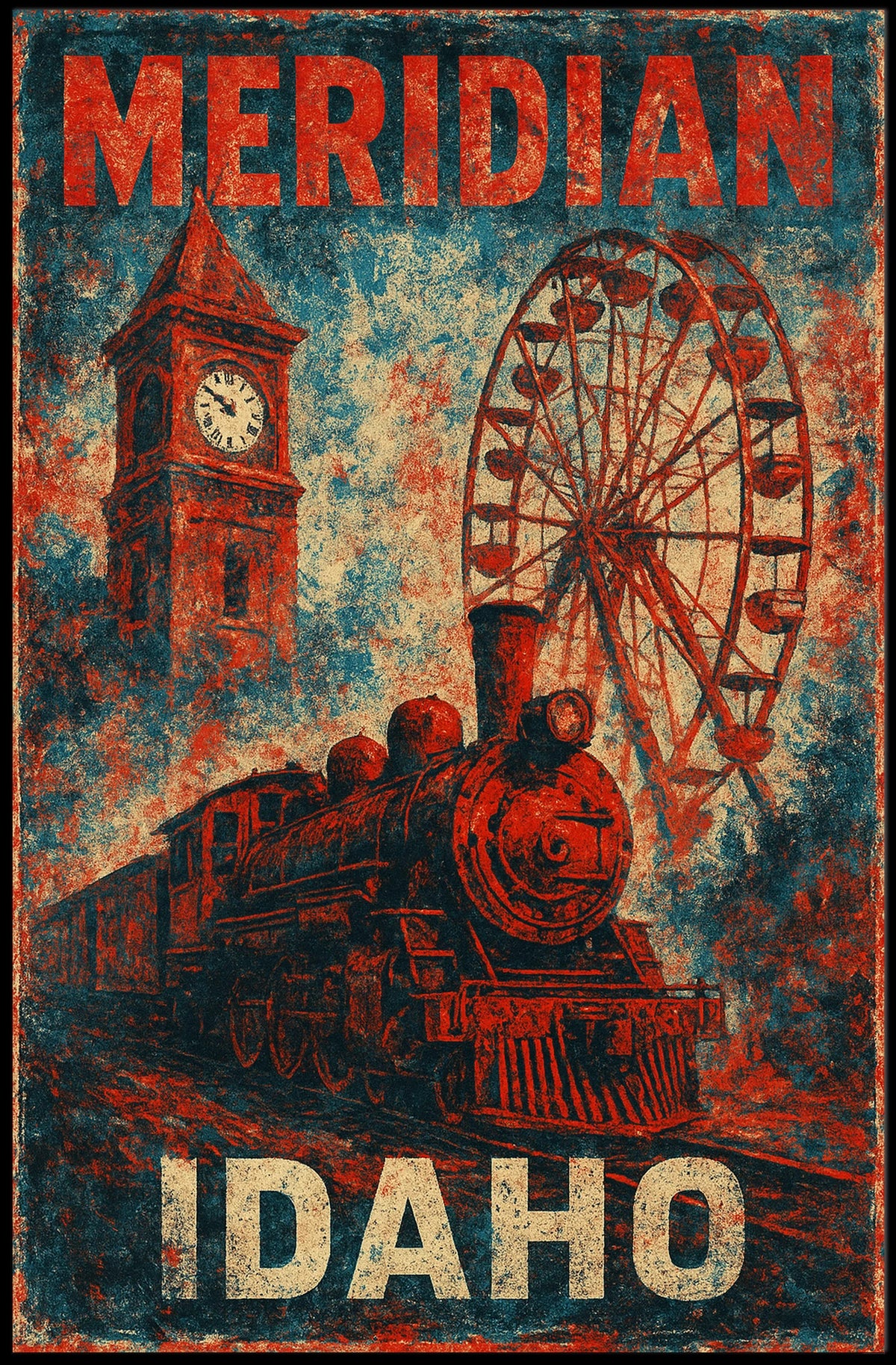 Meridian Idaho Steam Locomotive Vintage Poster