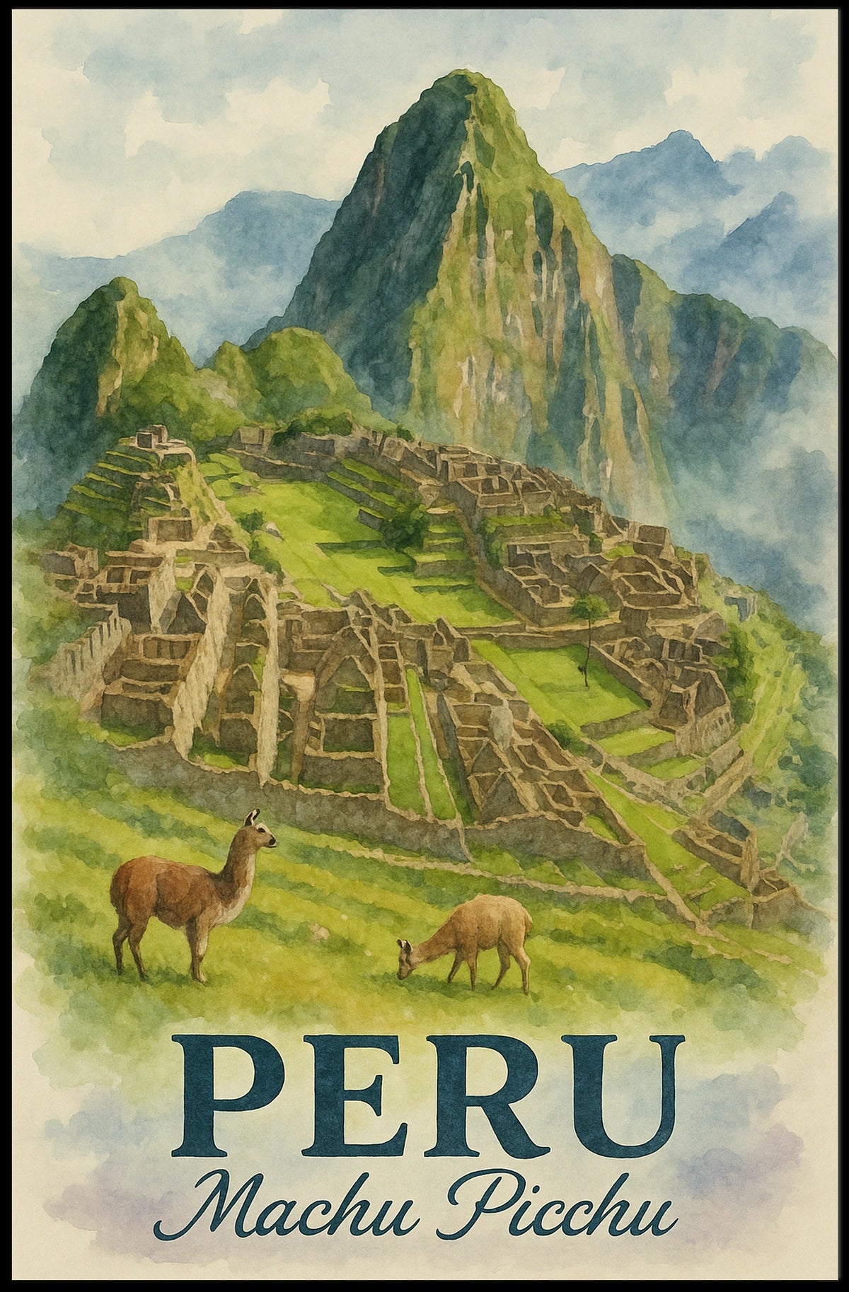 Machu Picchu Vintage Travel Poster with Llamas