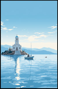 Serene Greek Coastal Church Travel Poster
