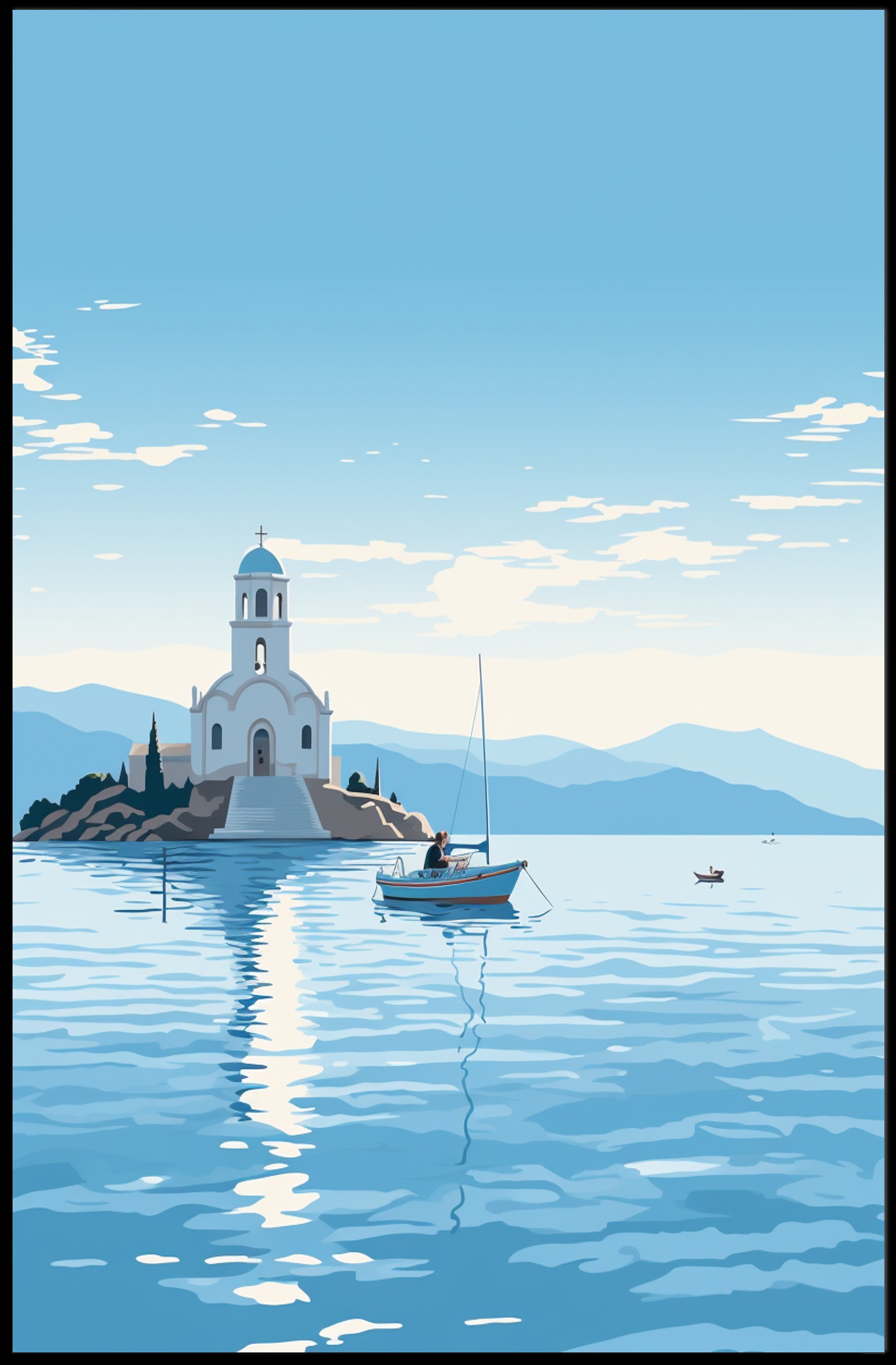Serene Greek Coastal Church Travel Poster