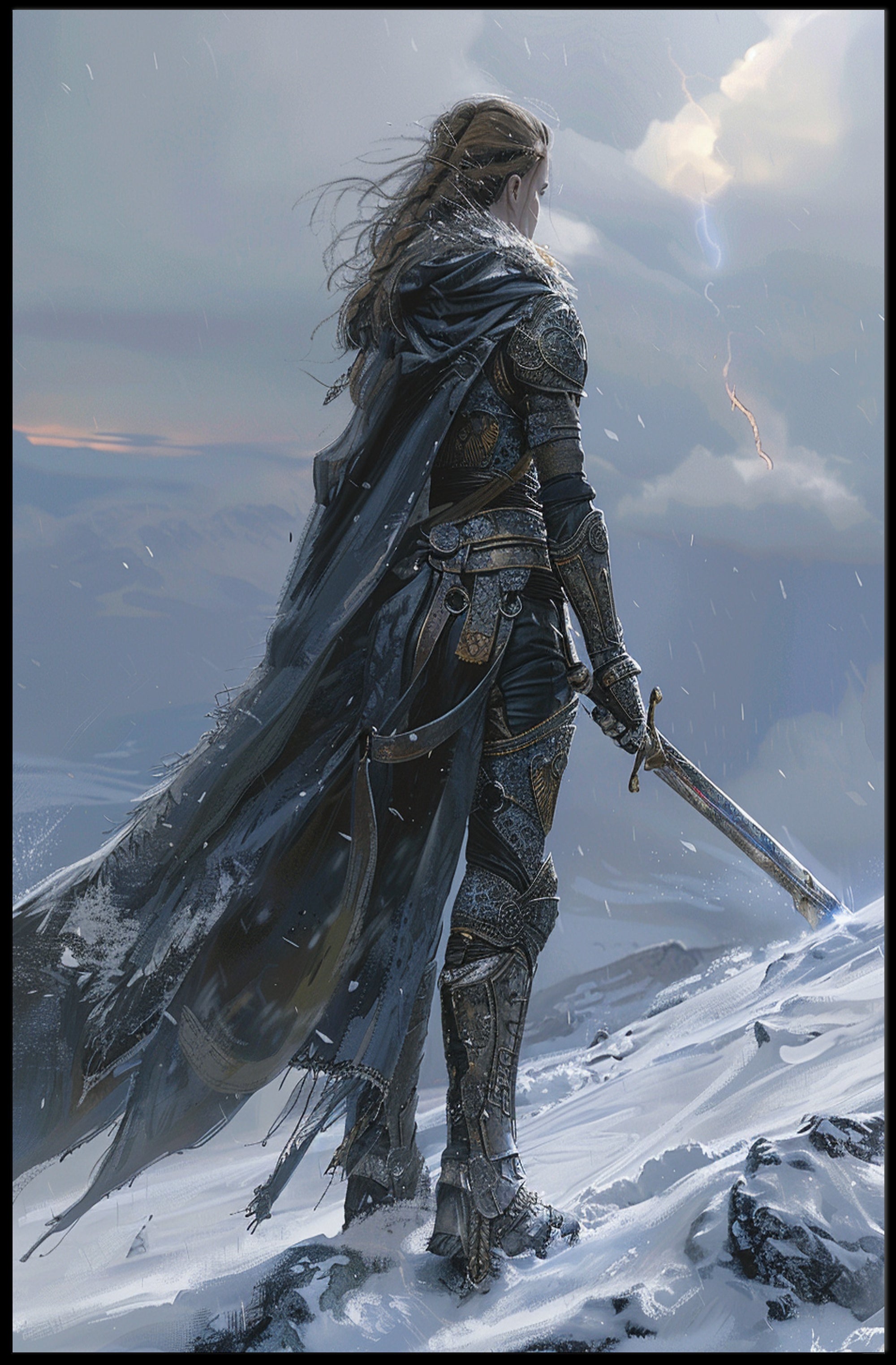 Epic Warrior in Snowy Mountains Fantasy or Mythology Poster PosterGoat