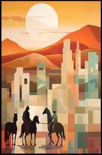 Sunset Riders in a Desert Cityscape Poster