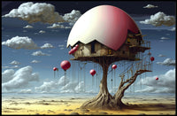 Surreal Desert House with Whimsical Balloons Artistic Poster