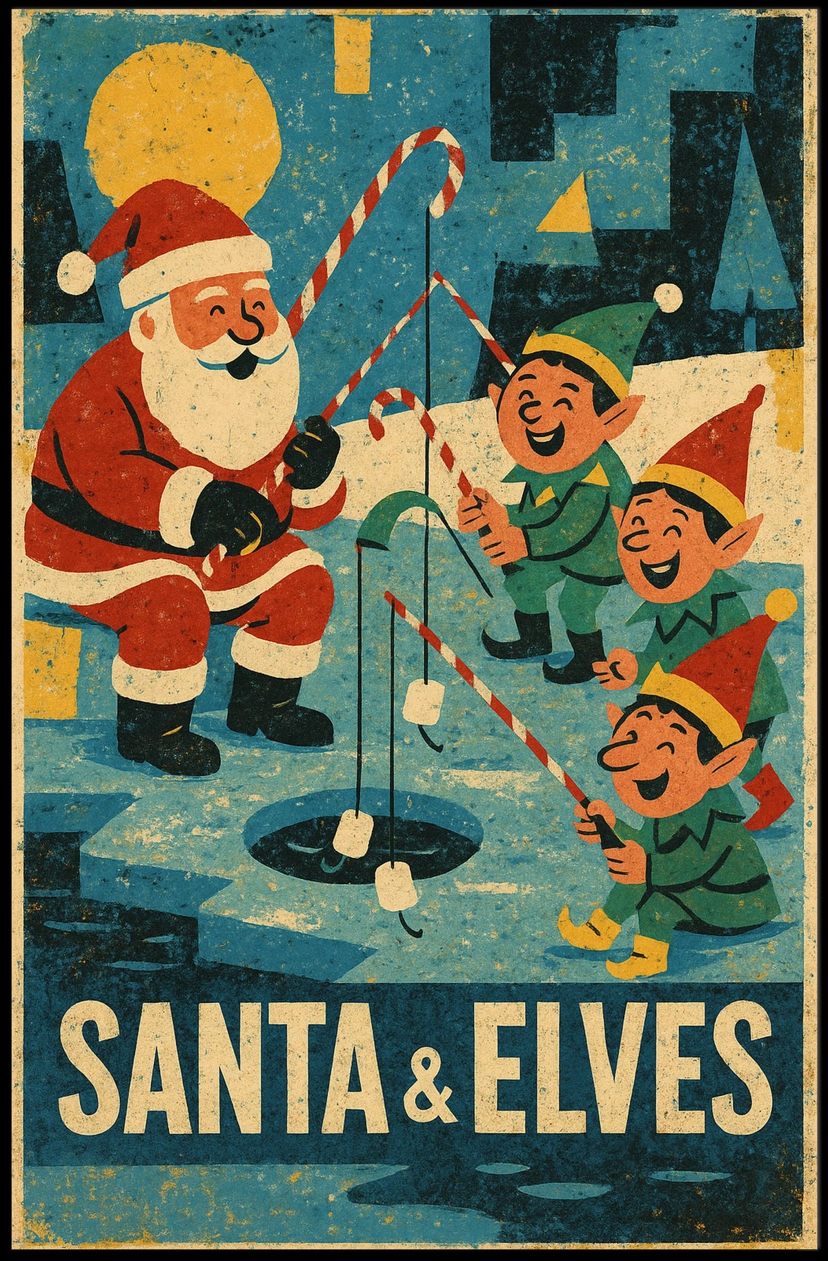 Santa's Whimsical Ice Fishing Vintage Christmas Poster