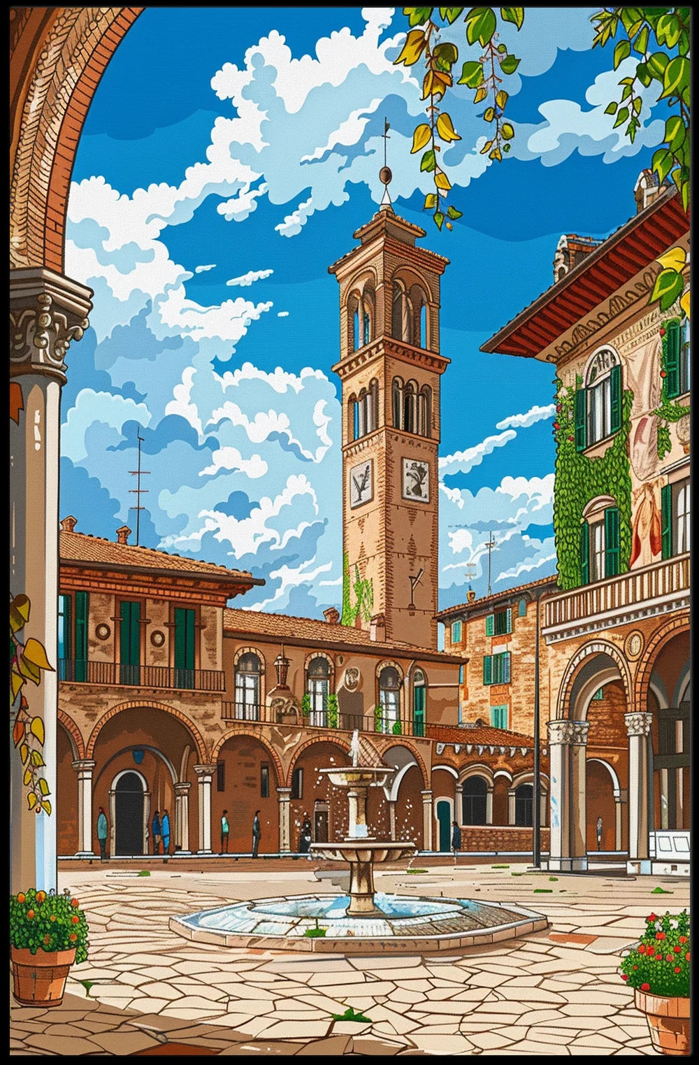 Charming Italian Piazza with Clock Tower Poster