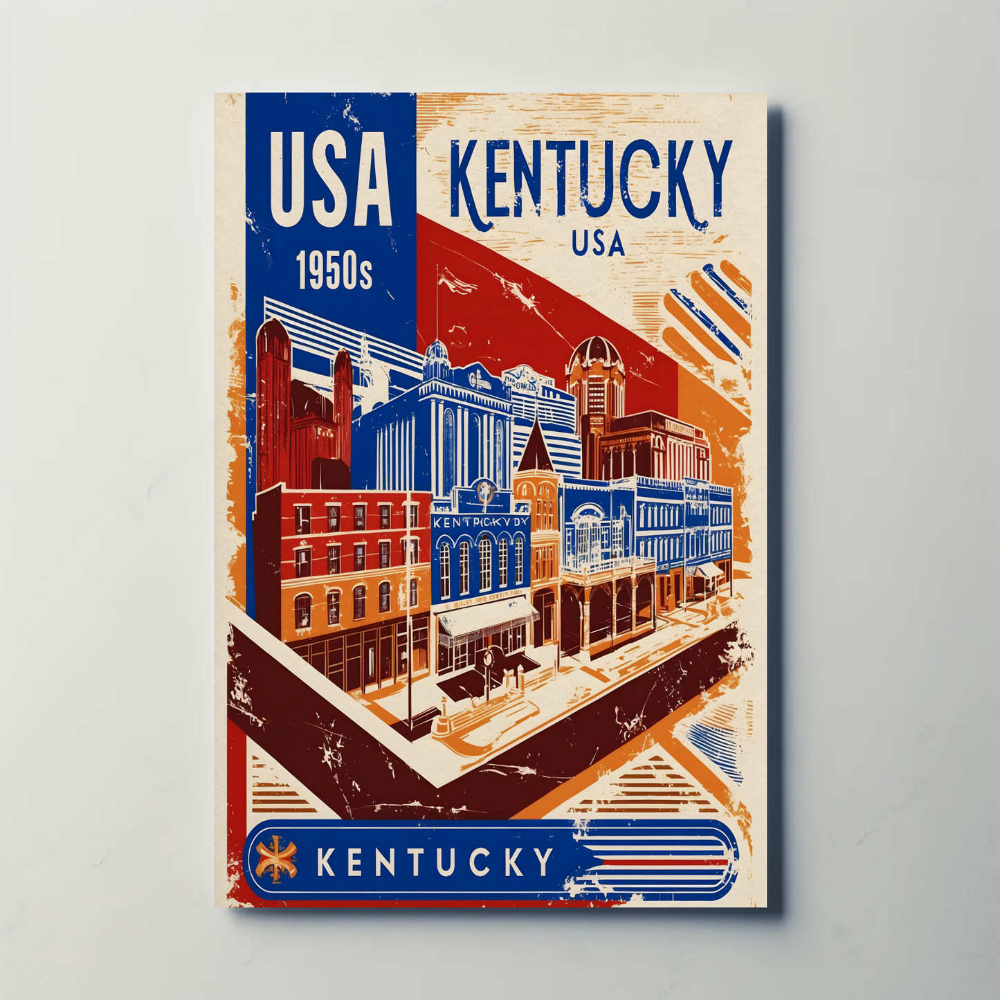 Kentucky USA 1950s Downtown Streets Vintage Maroon Travel Poster
