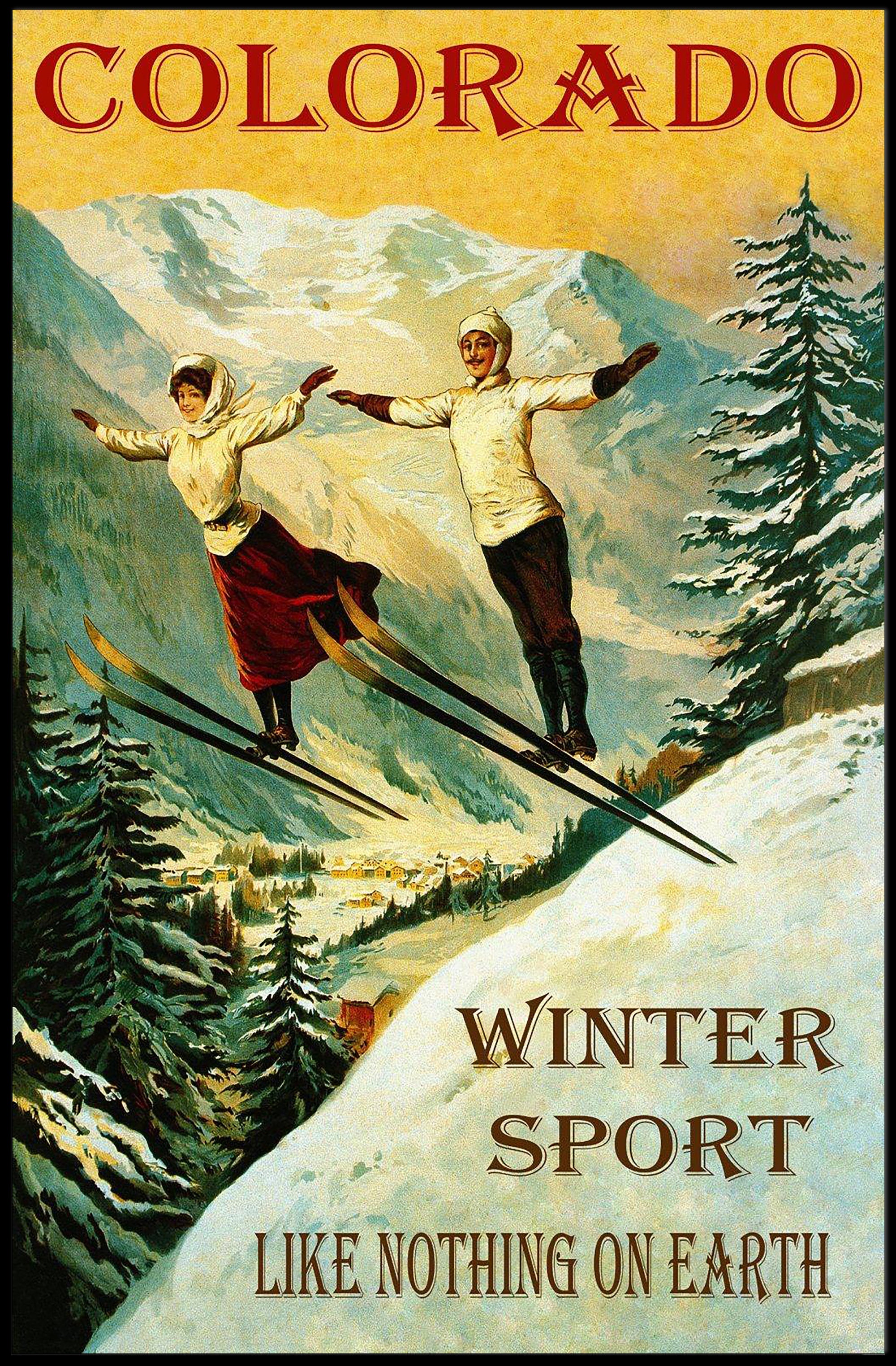 Vintage Skiing Adventure in Colorado Sports Poster PosterGoat