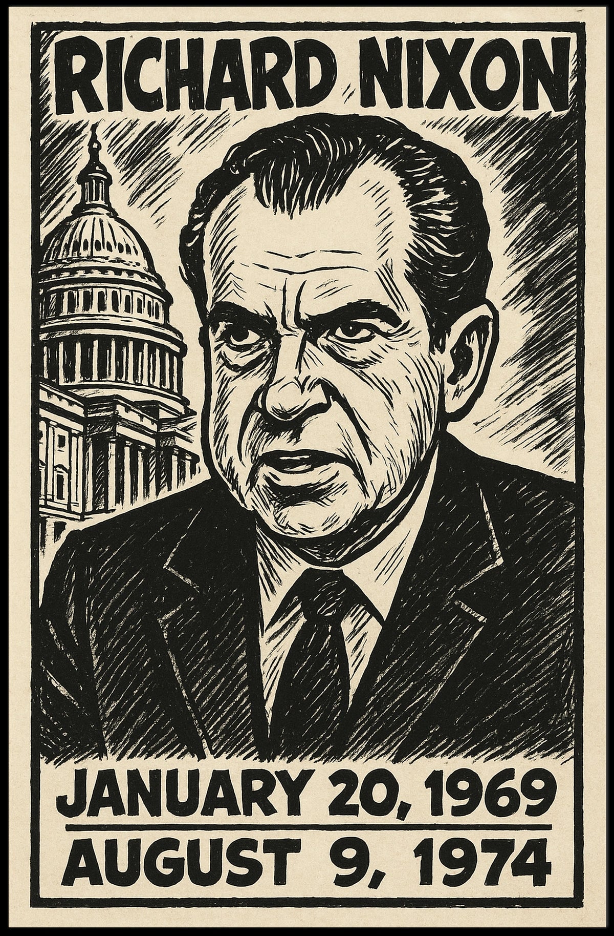 Richard Nixon 37th President of the United States B & W Comic Sketch Poster