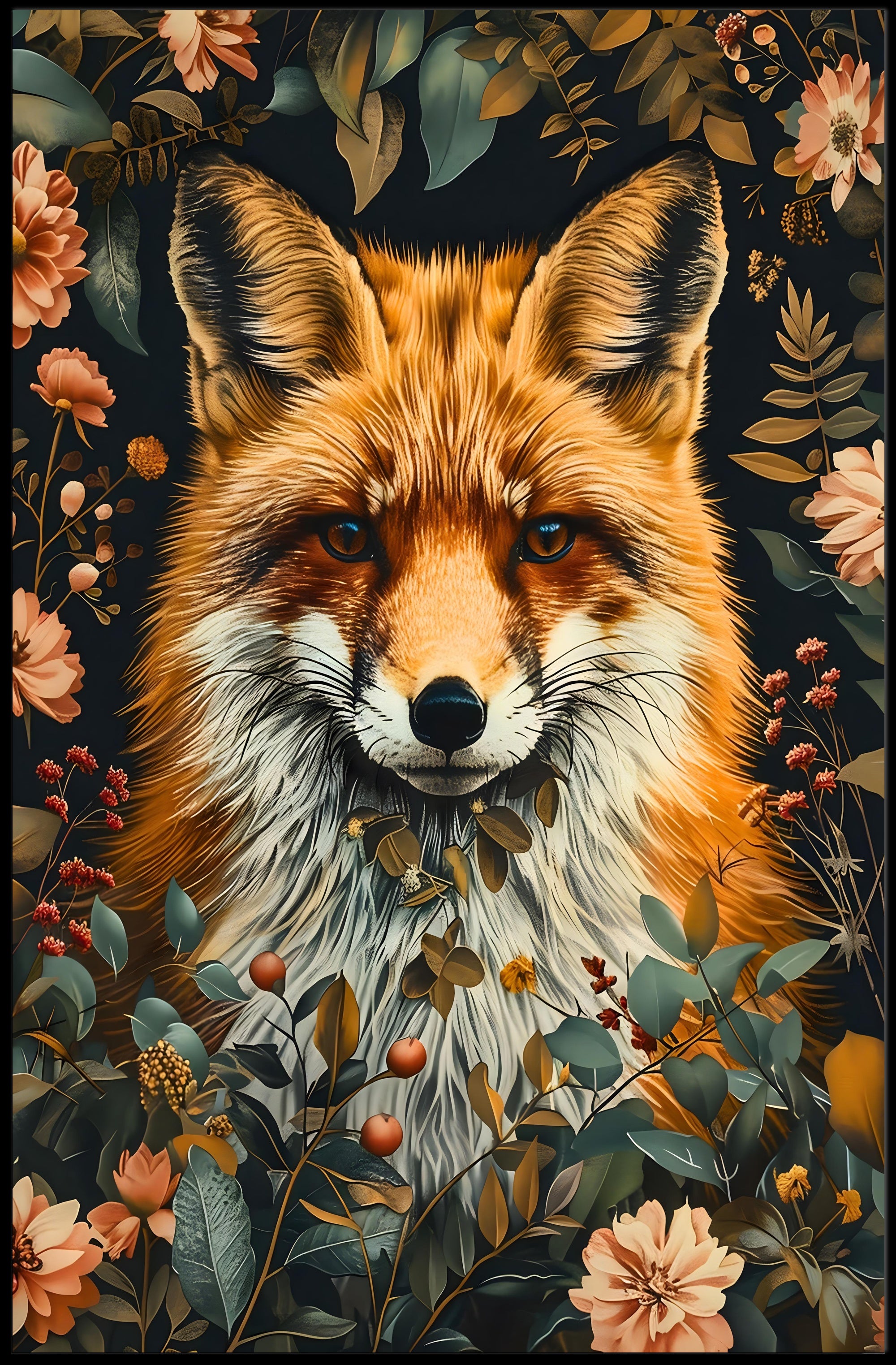 Fox Among Blossoms: Detailed Wildlife Art Animal Poster