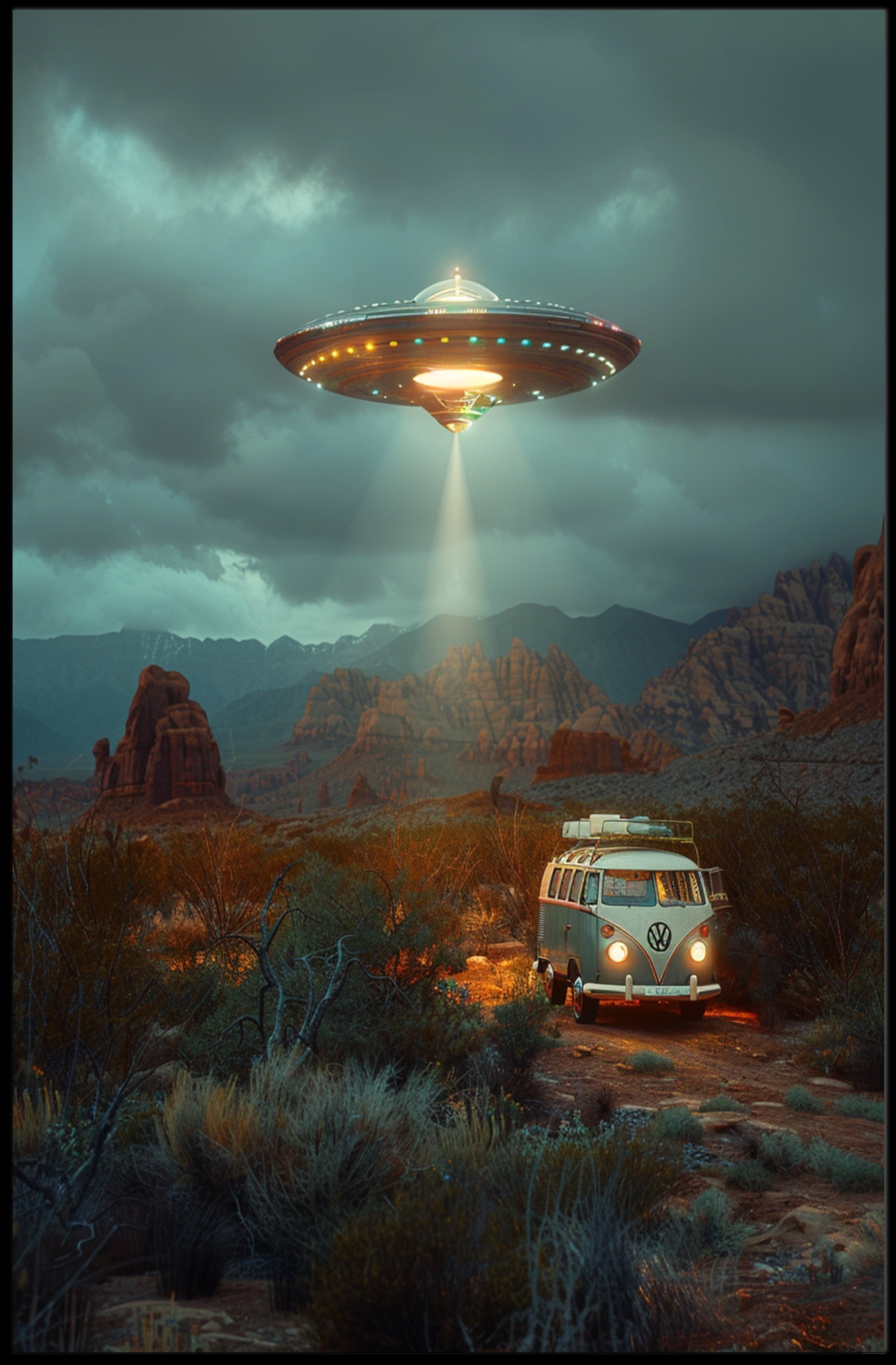 UFO Encounter in the Desert Art Print Poster PosterGoat