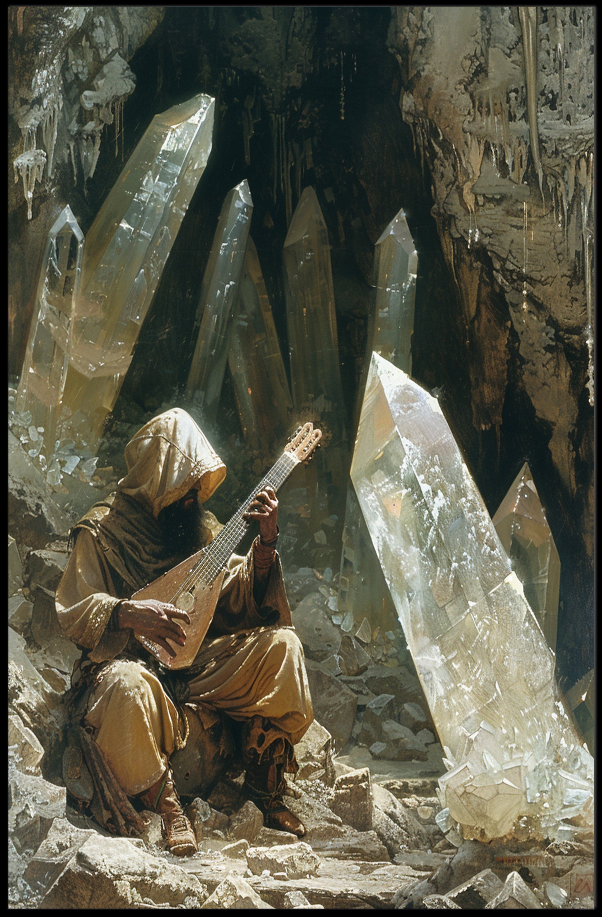 Mystical Hooded Musician in Enchanted Cave Fantasy Poster PosterGoat