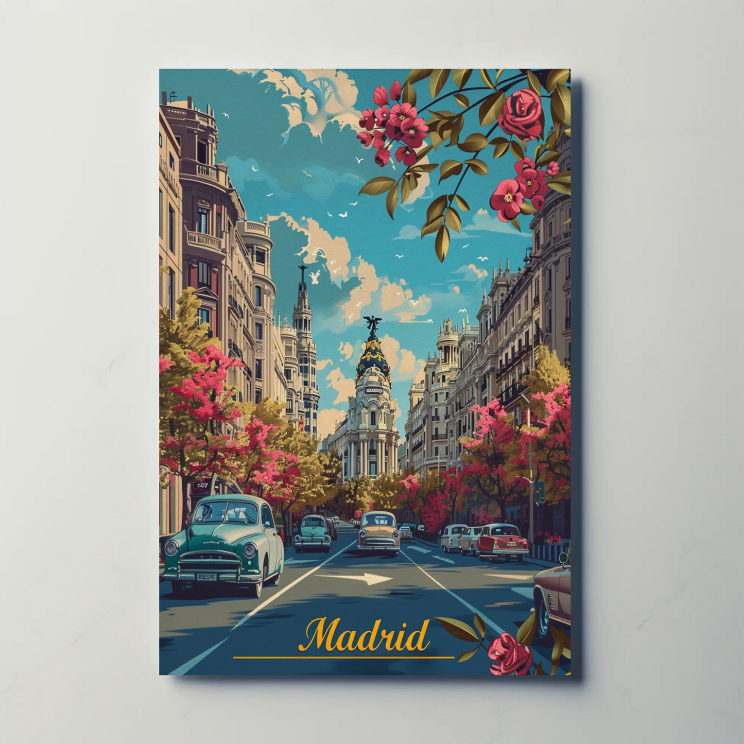 Madrid Spring Streetscape Flowers Cars Classic Travel Poster