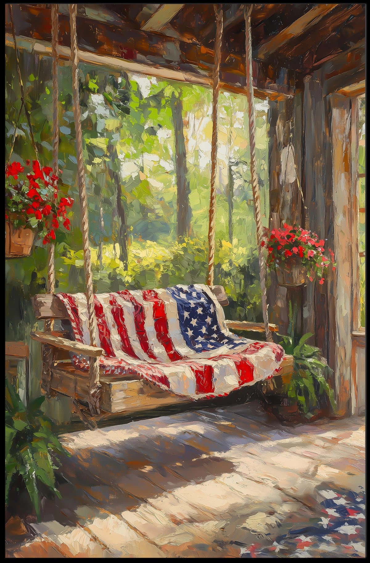 rustic porch swing draped with an American flag Poster