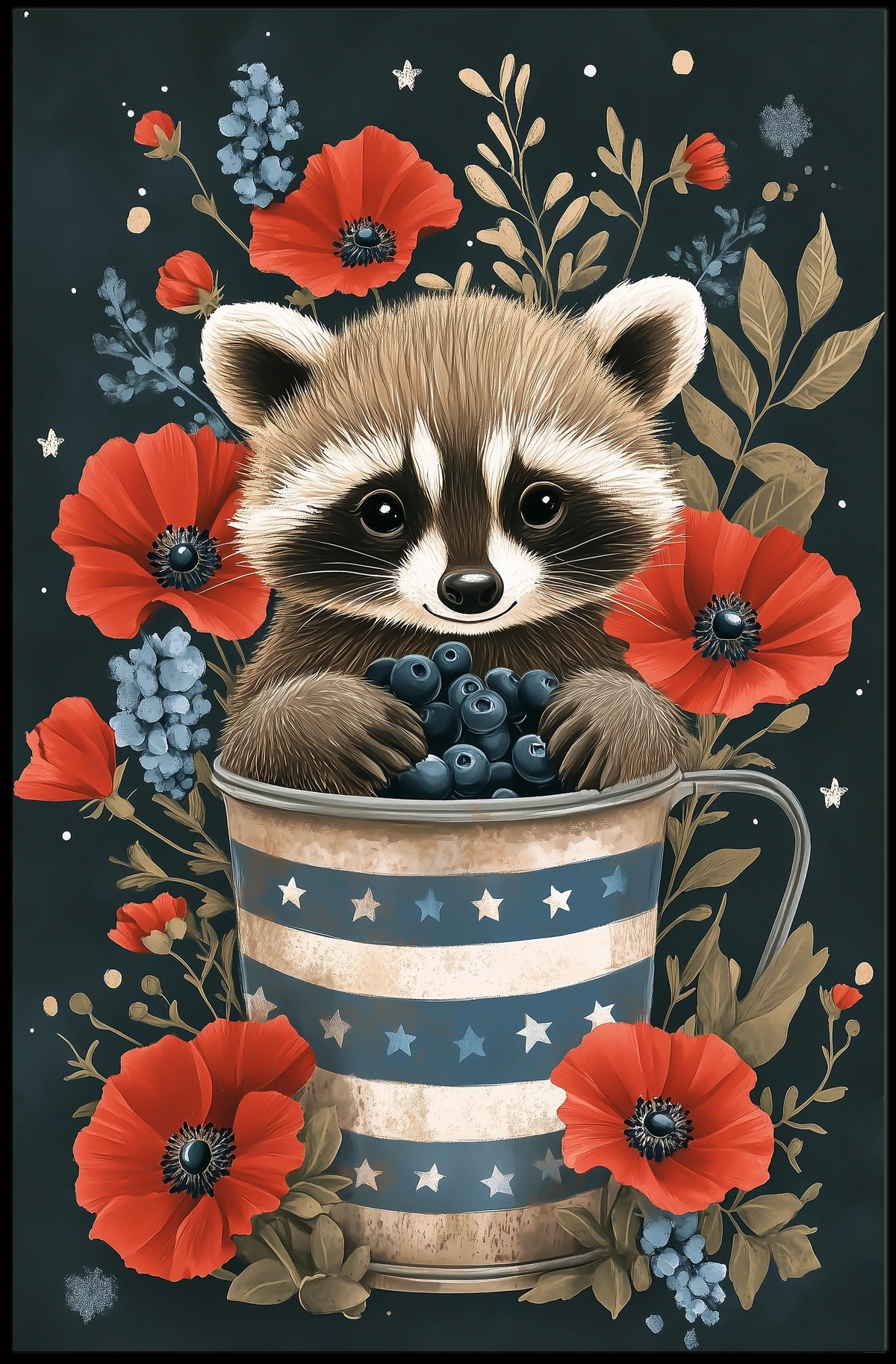 raccoon sitting inside a metal watering can Poster