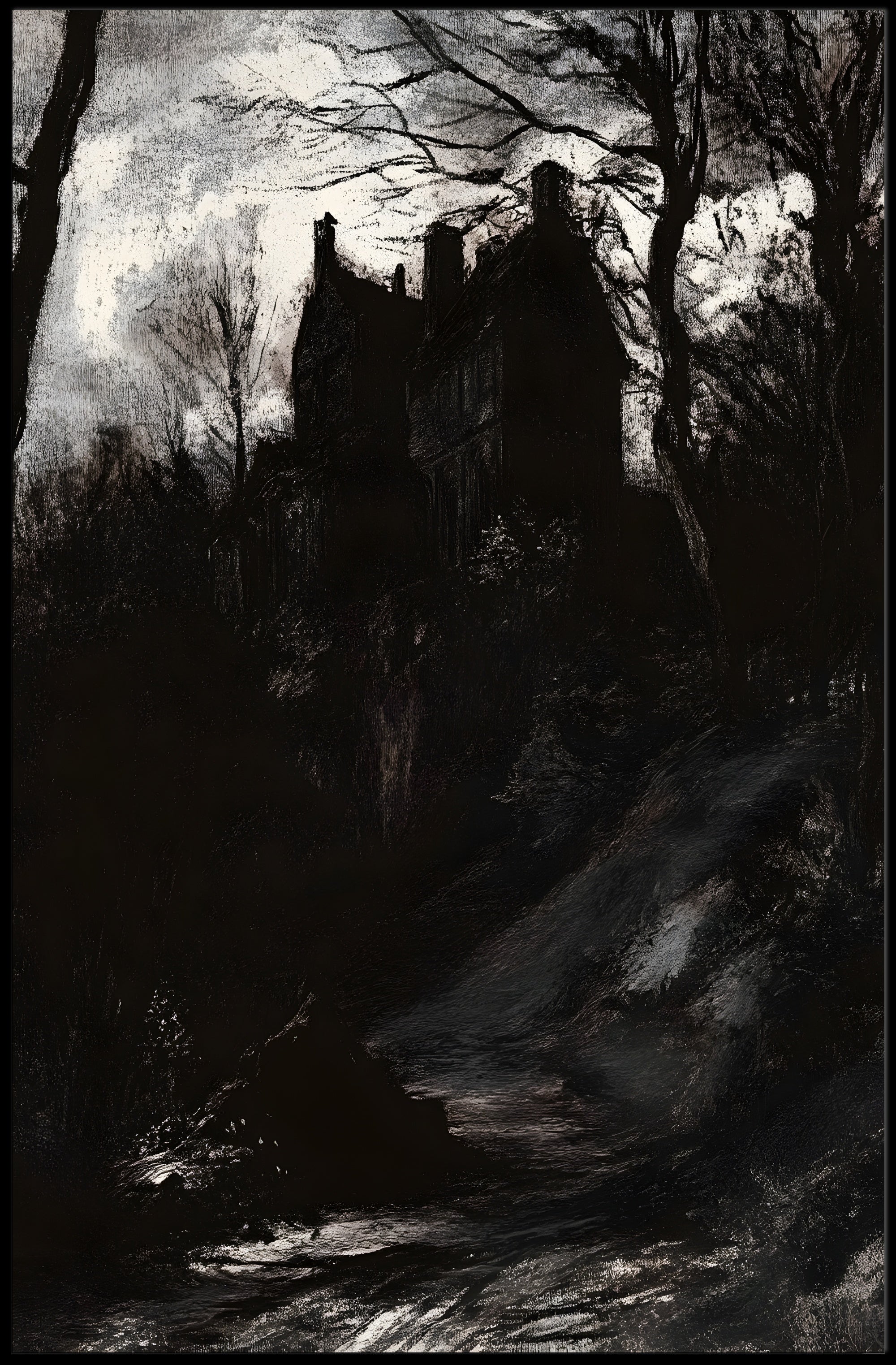 Hauntingly Eerie Night Haunted House Fantasy or Mythology Poster PosterGoat