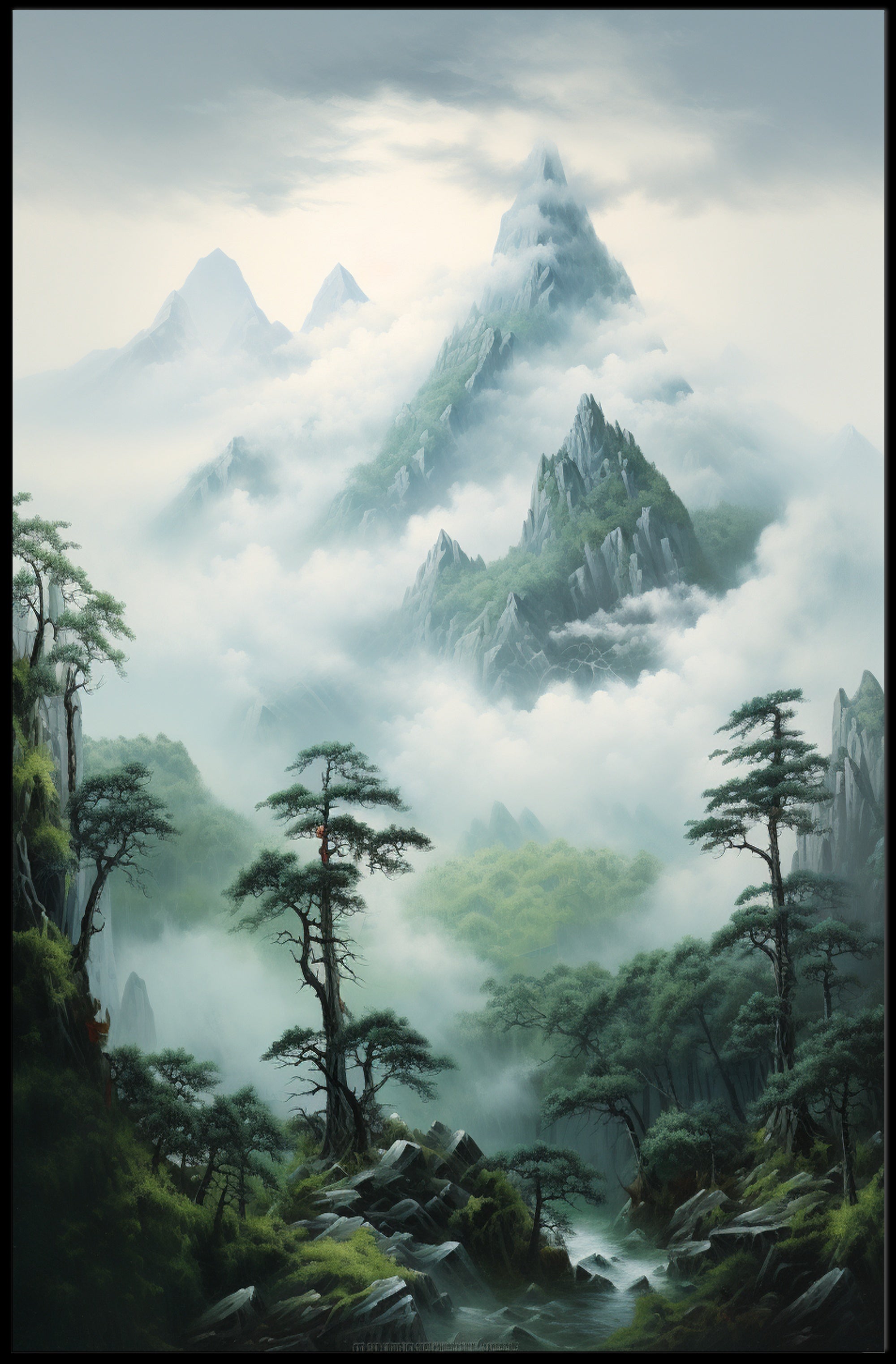 Serene East Asian Mountain Landscape Artwork Poster