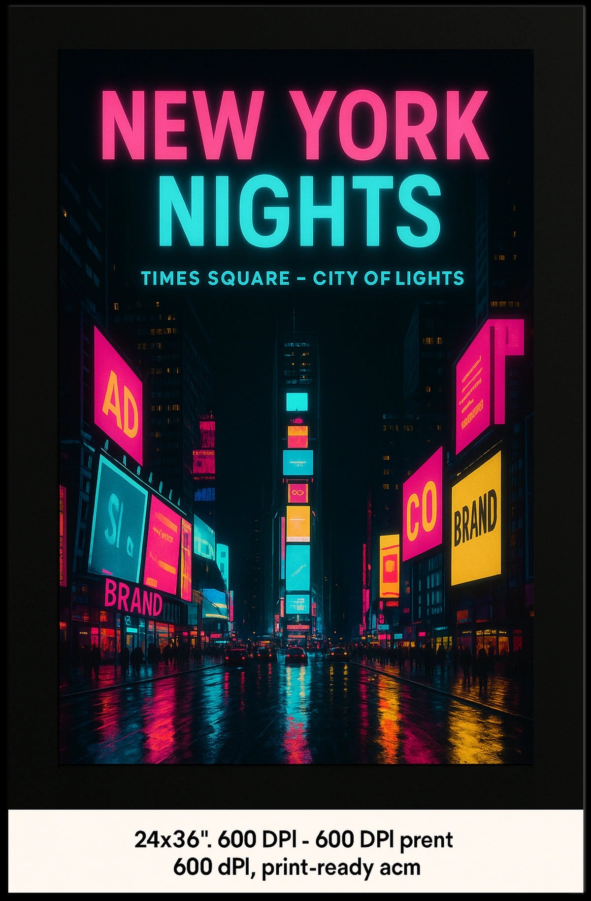 Vibrant Neon Nightscape in Times Square Urban Cityscape Poster