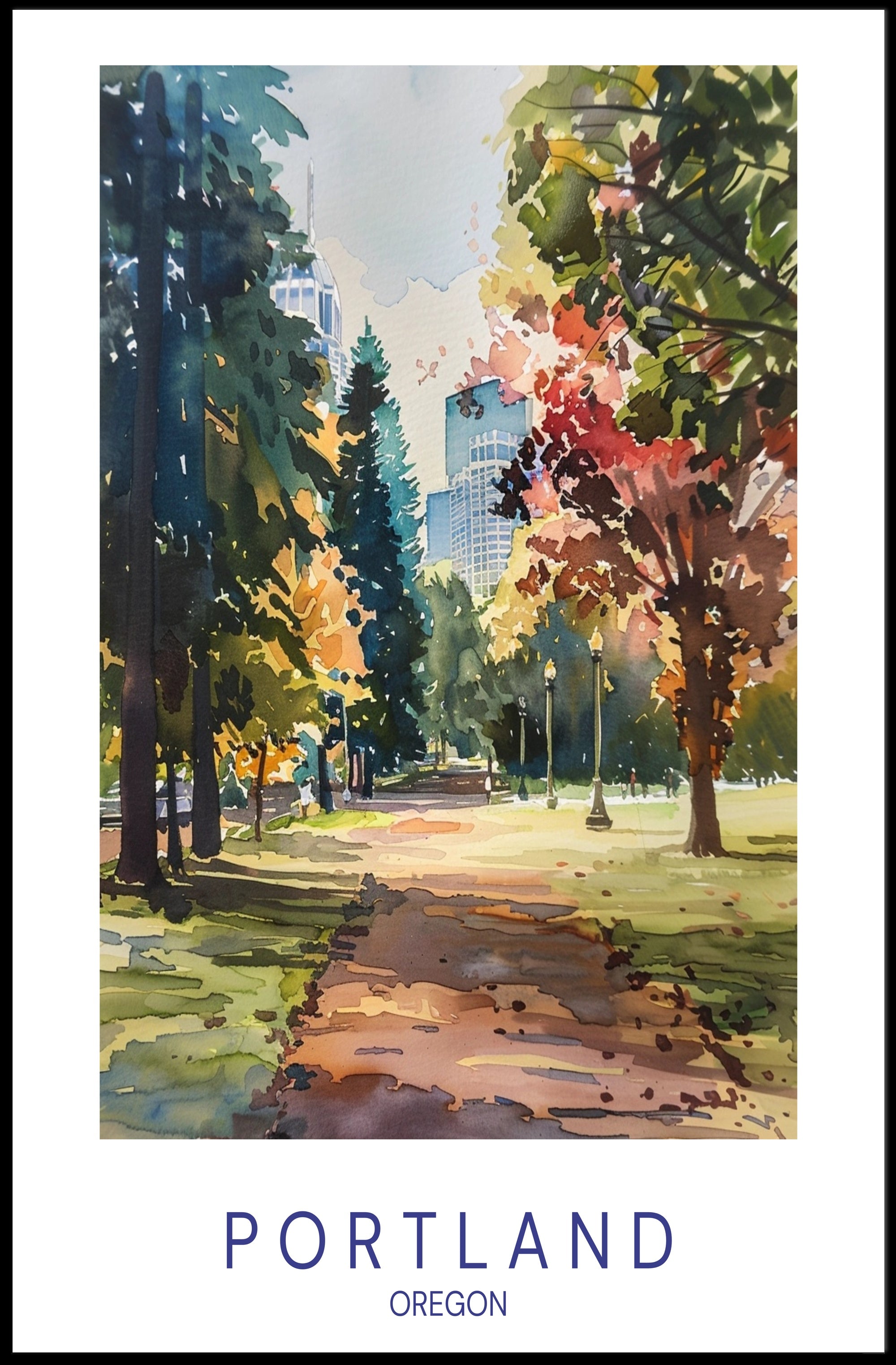 Portland Park in Watercolor: Urban or Cityscape Poster PosterGoat