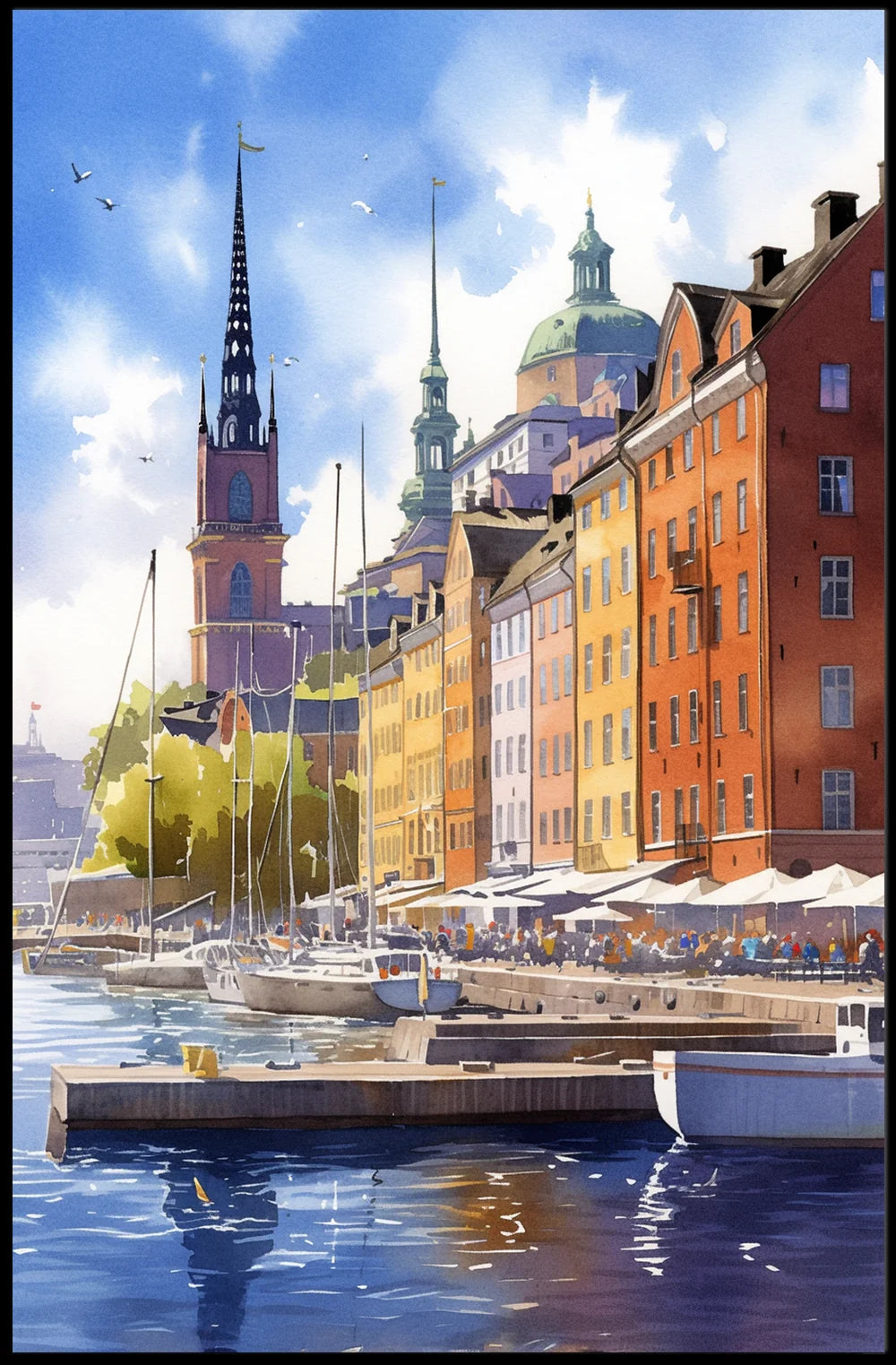 European Waterfront Scene: Vibrant Historical Cityscape Poster