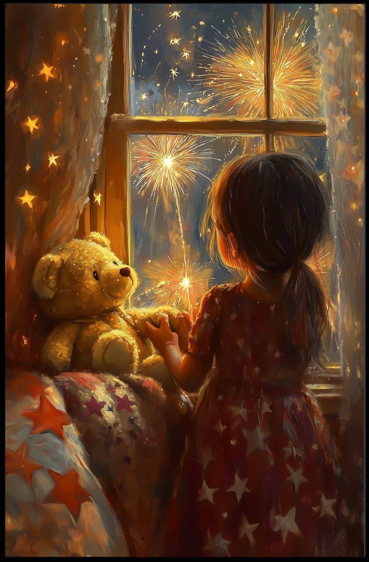 Little Girl Watching Fireworks Night Scene Cozy Poster