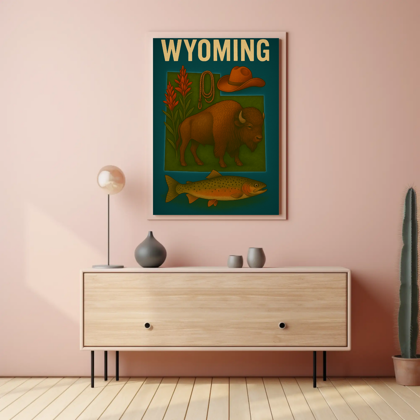Wyoming Bison Fish Rope Hat Nature Vintage Travel Poster