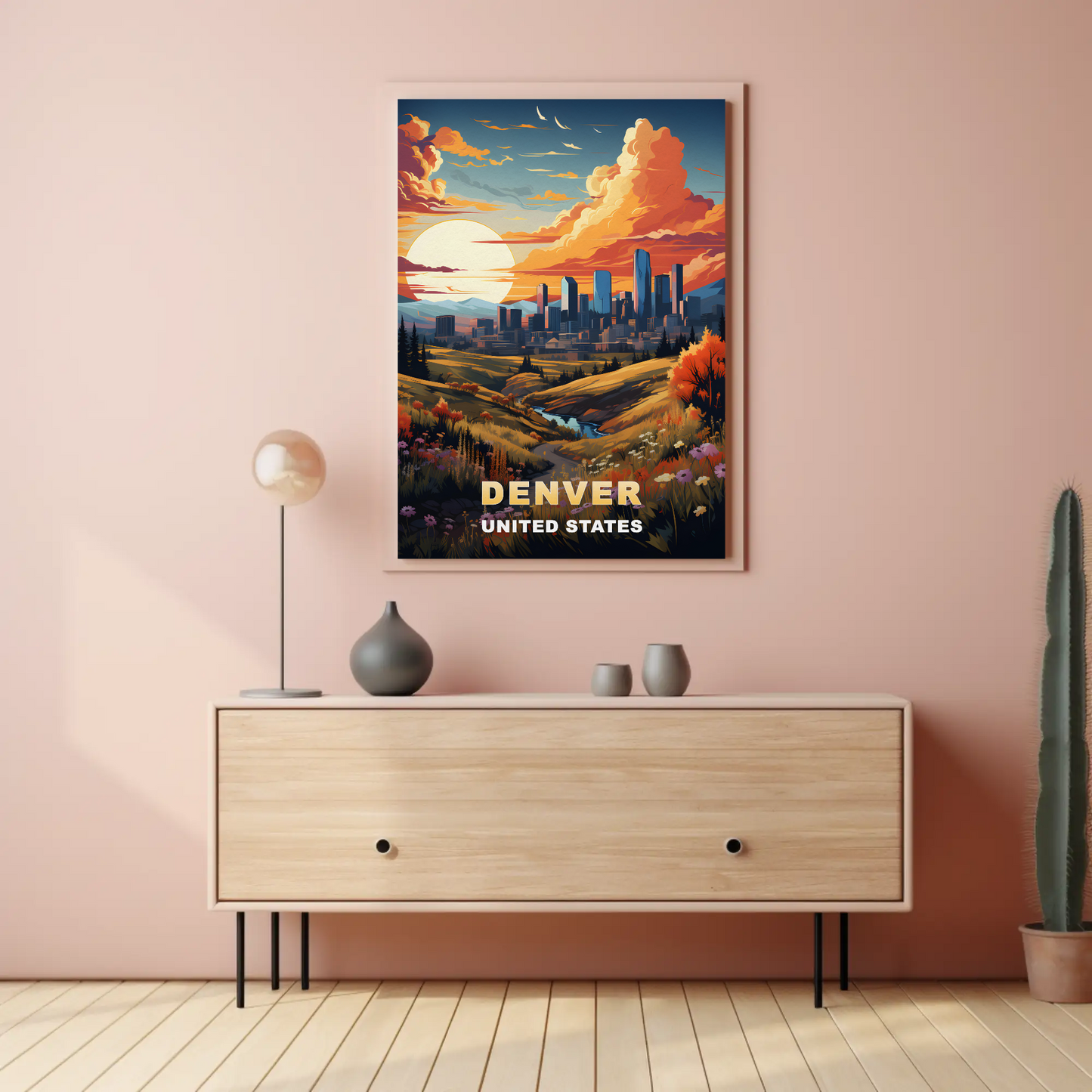 Denver Autumn Meadow Skyline Vintage Travel Poster