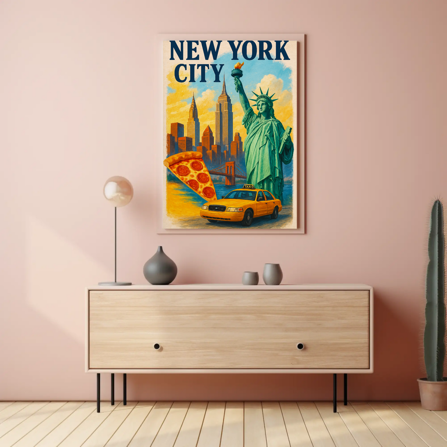 New York City Pizza Taxi Skyline Vintage Travel Poster