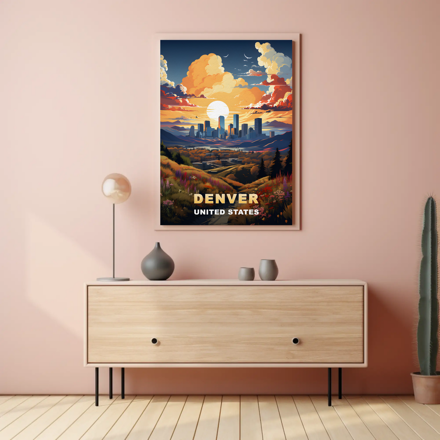 Denver Sunset Skyline Mountains Vintage Travel Poster
