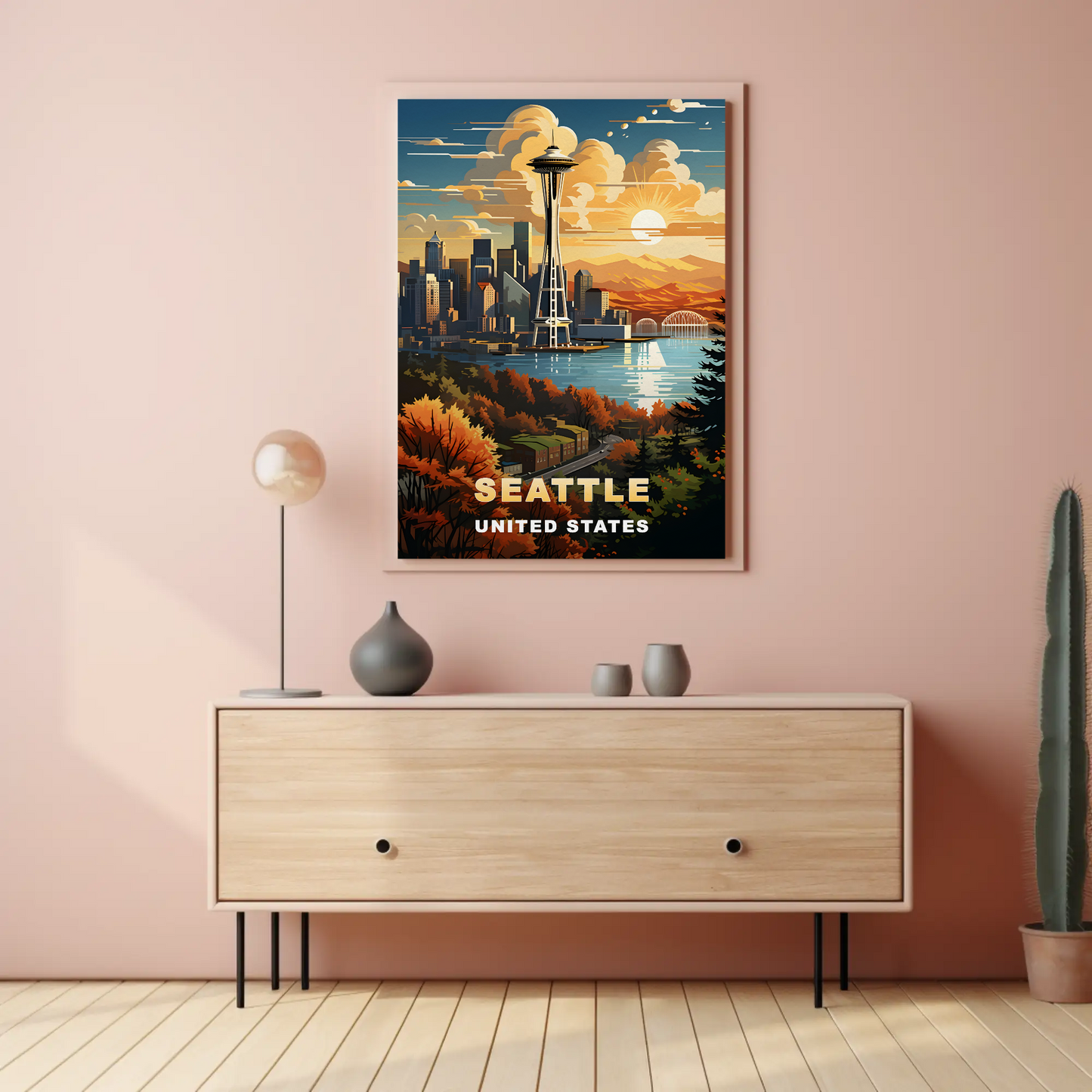 Seattle Space Needle Autumn Sunset Vintage Travel Poster