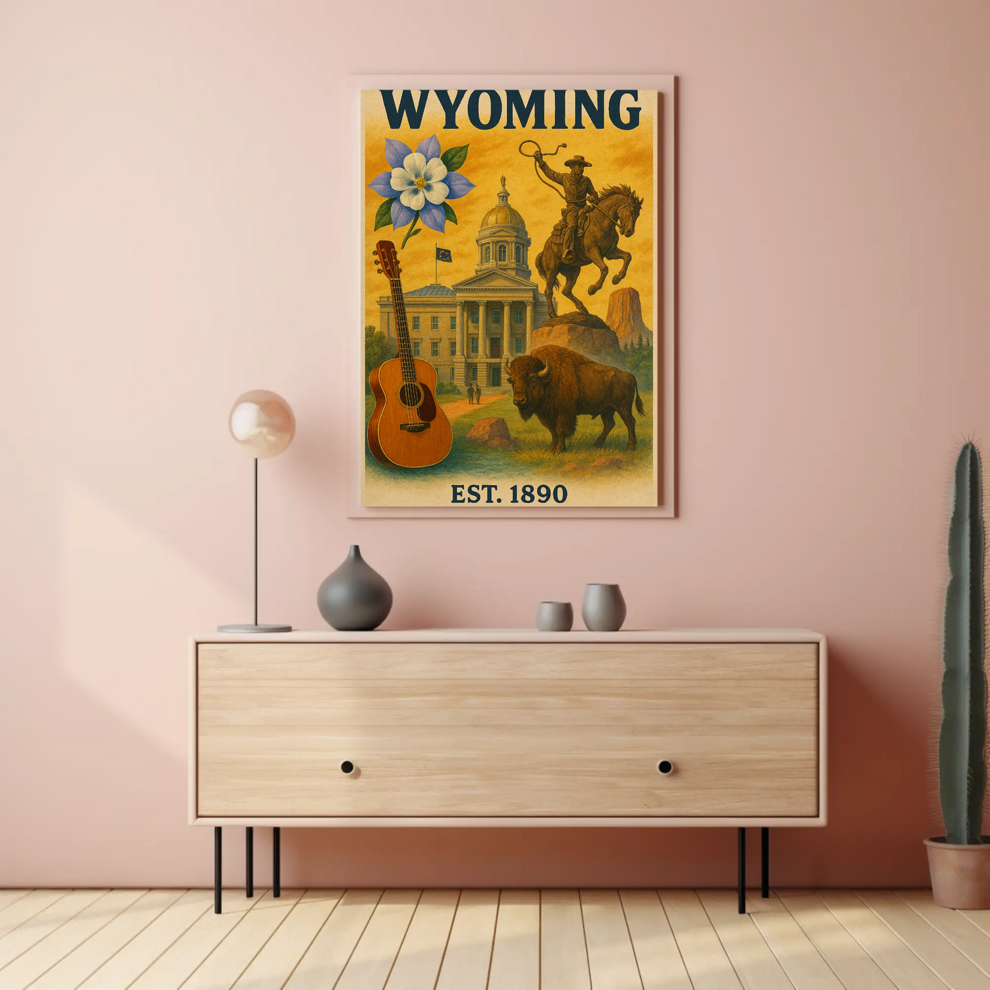 Wyoming Capitol Rodeo Guitar Bison Flower Vintage Travel Poster
