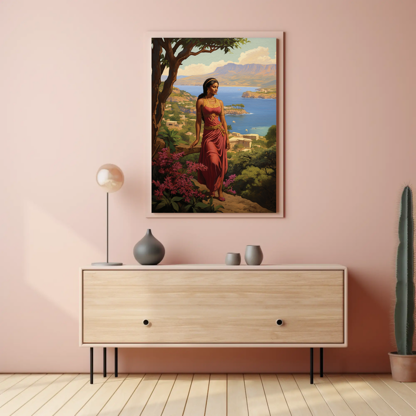 Mediterranean Woman Overlook Coastal Beauty Vintage Travel Poster