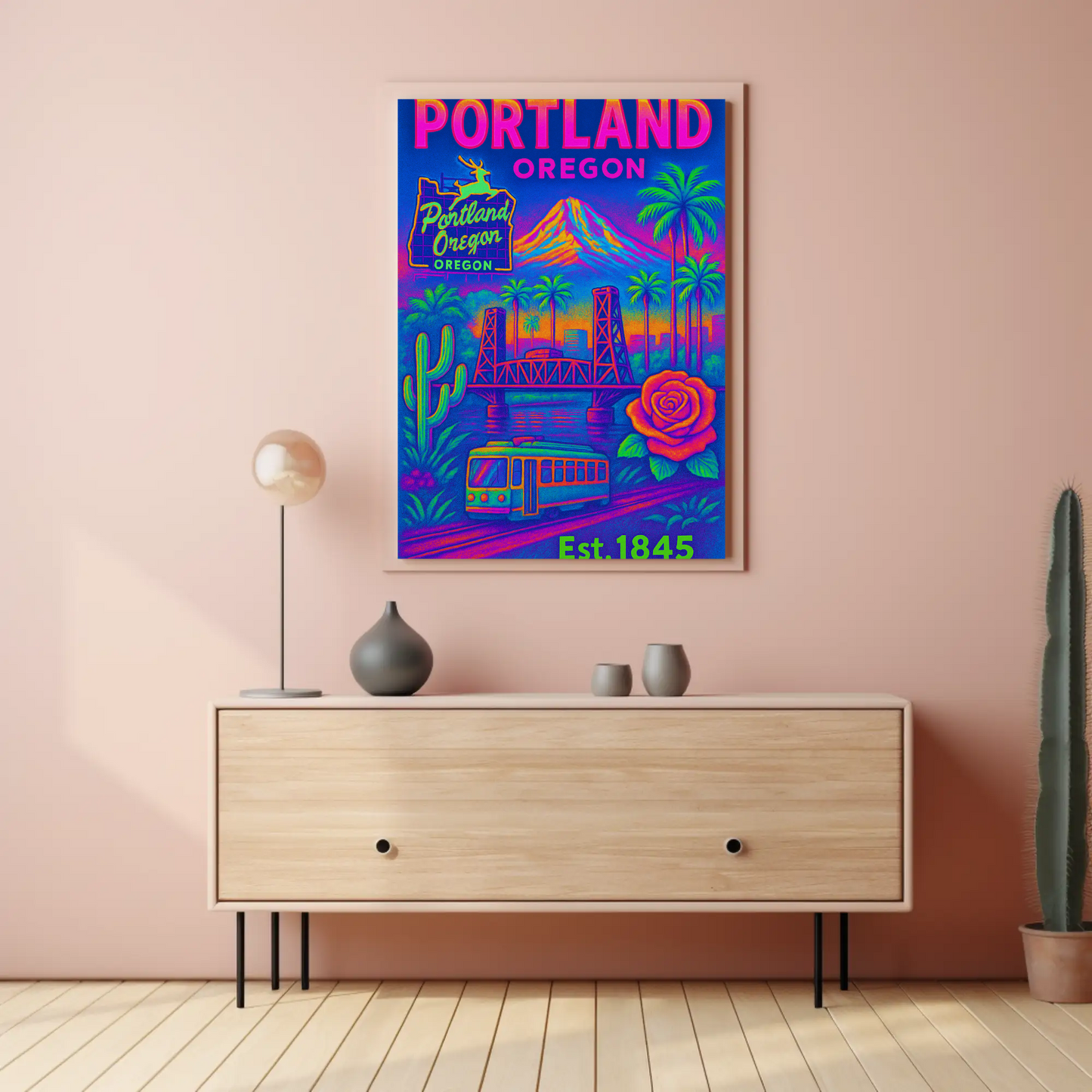 Portland Oregon Rose Bridge Mountain Vintage Travel Poster