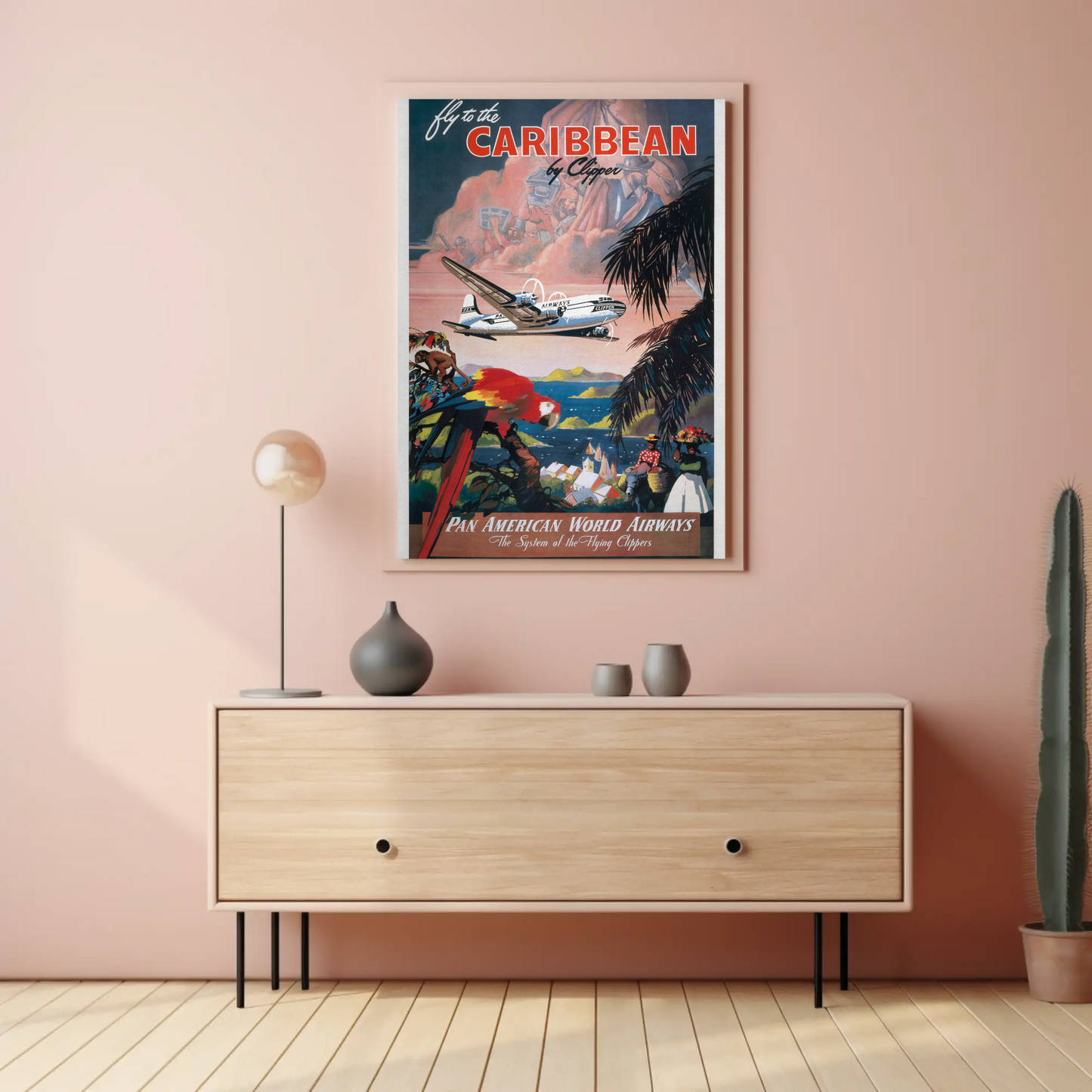 1940s Fly to the Caribbean Vintage Style Tropical Travel Poster