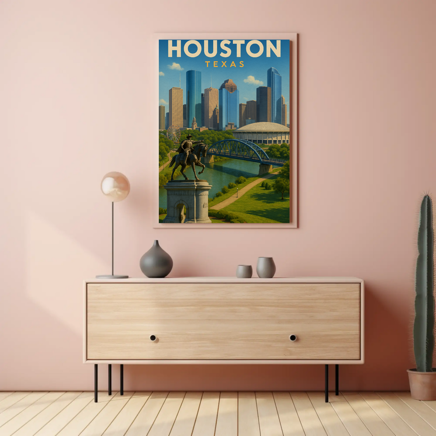Houston Texas Skyline River Monument Vintage Travel Poster