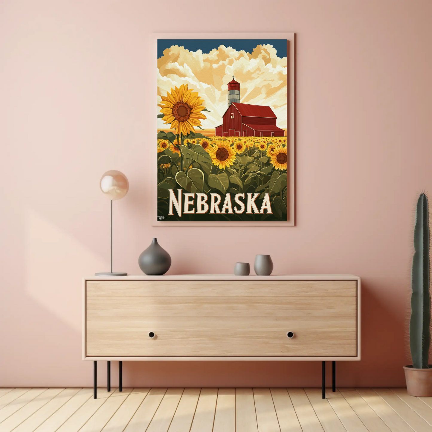 Nebraska Vintage Poster - Sunflower Barn