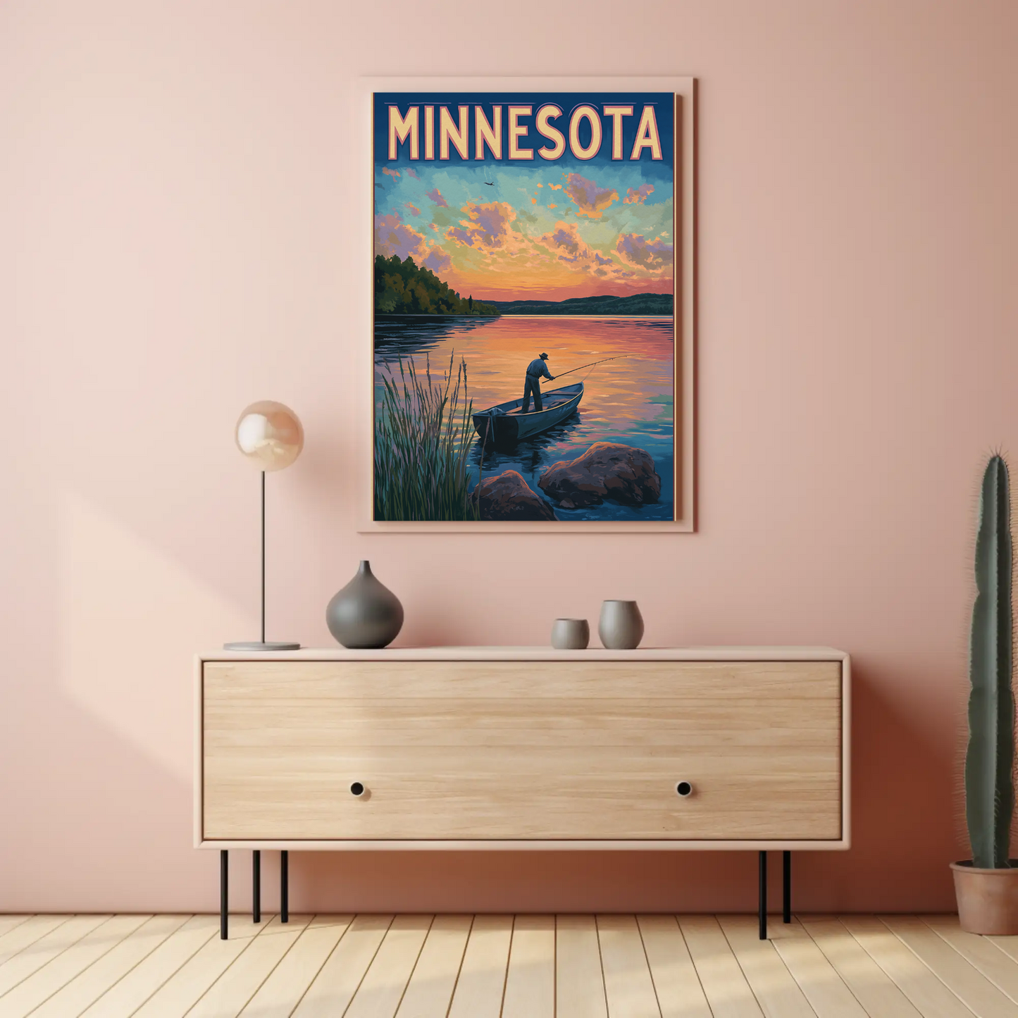 Minnesota Sunset Fishing Vintage Poster