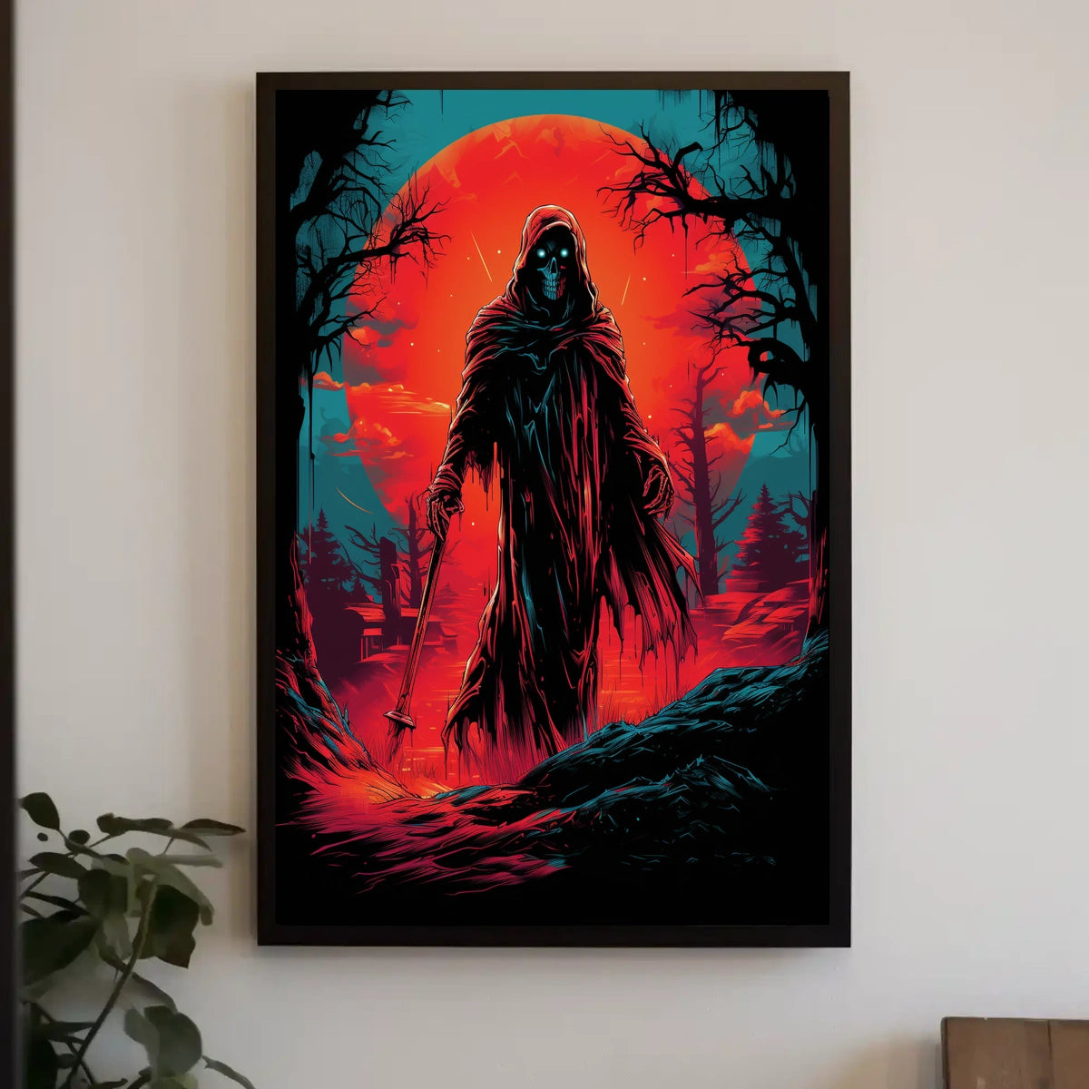 Grim Reaper Apocalyptic Landscape Poster: Vivid Graphic Art