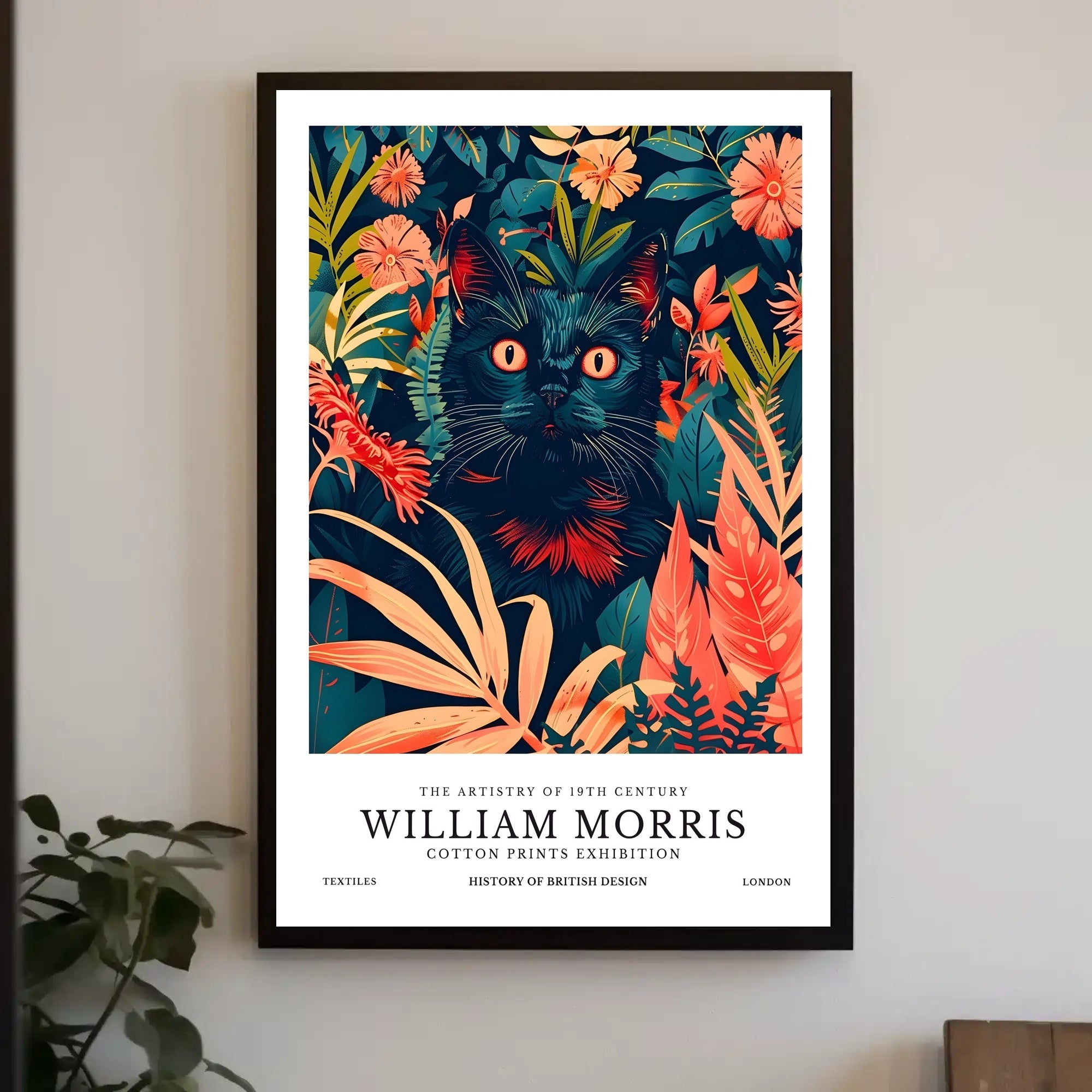 Black Cat in Botanical Wonderland: Artistic Poster