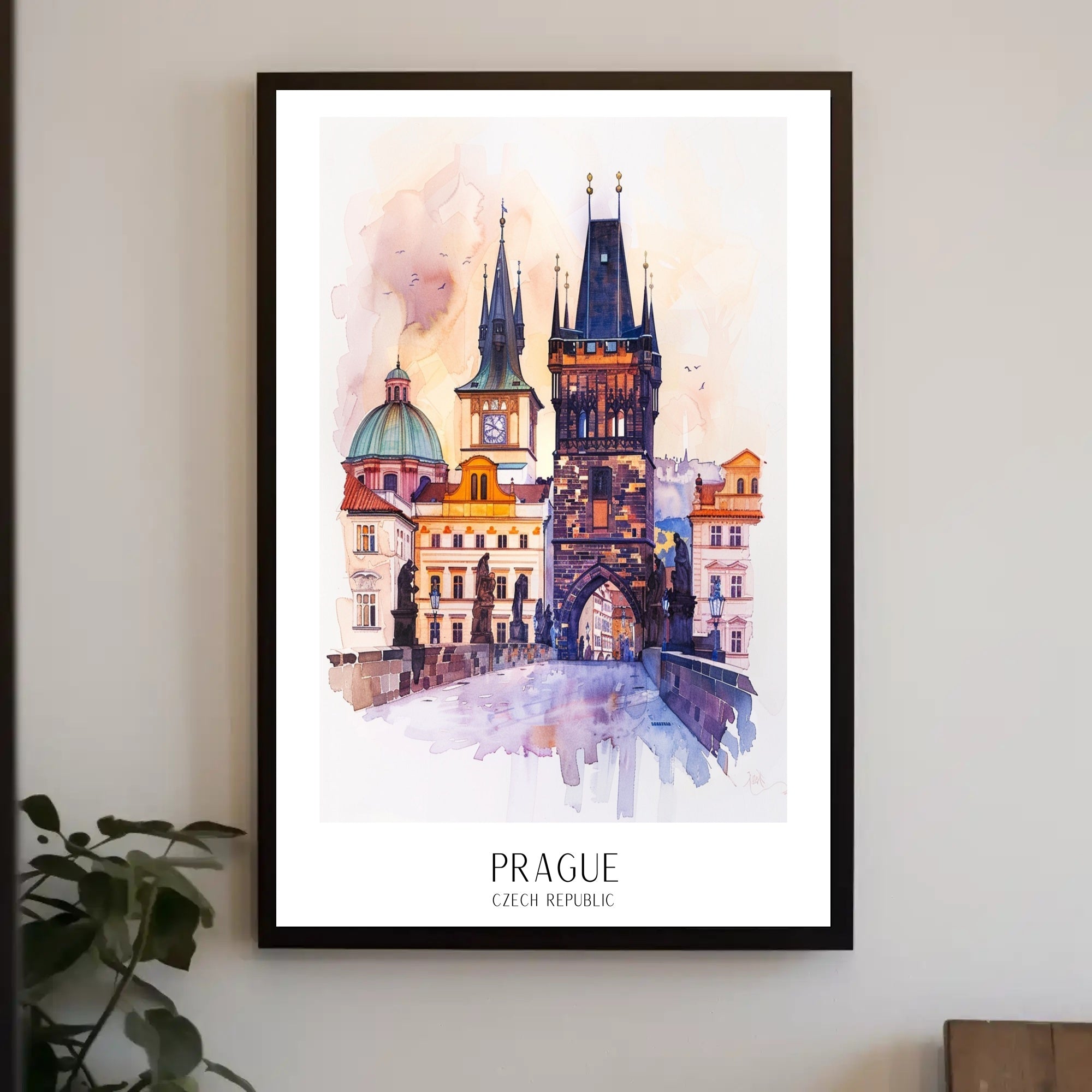 Prague's Charles Bridge Watercolor Urban or Cityscape Poster PosterGoat