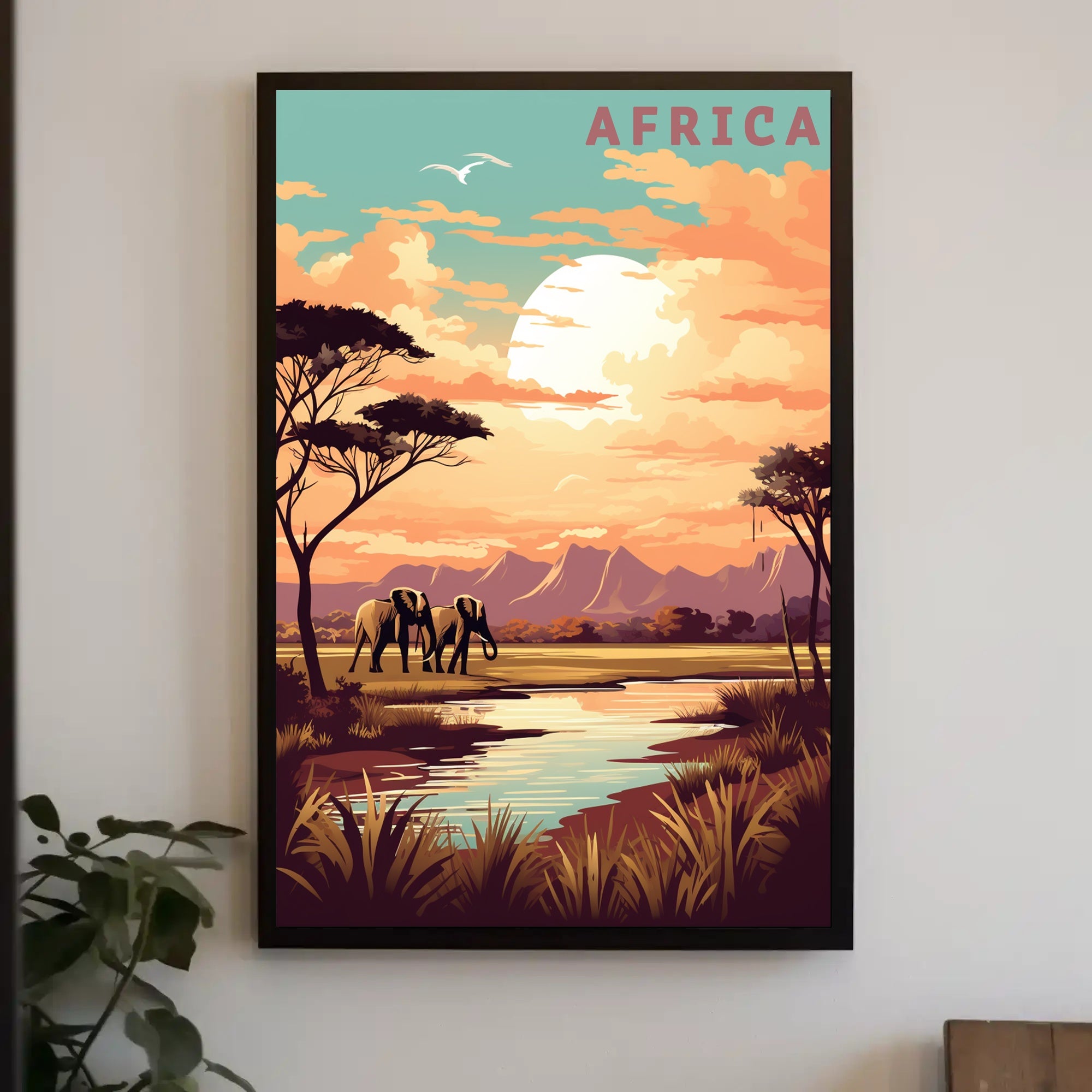 Vibrant Elephants in African Savanna Travel Poster