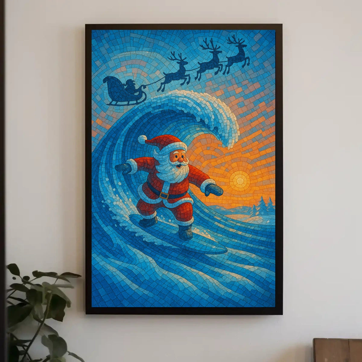 Santa Surfing Christmas Mosaic Poster: Festive Fusion