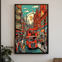 Vibrant Cityscape with Red Bus Poster