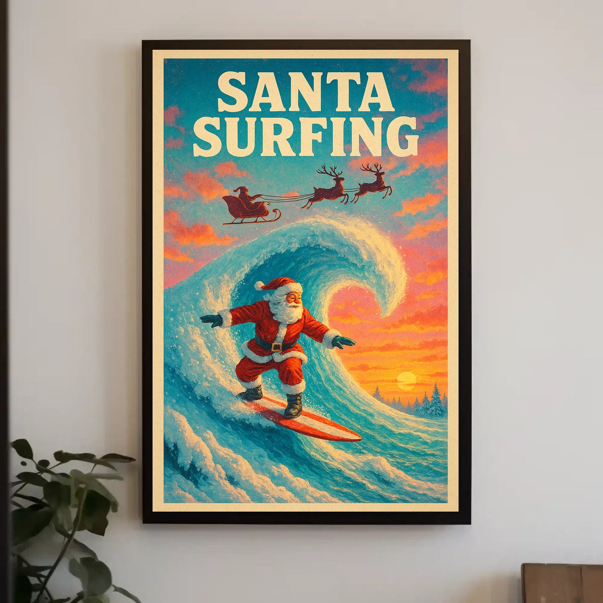 Santa Surfing Christmas Wave Vintage Poster Art