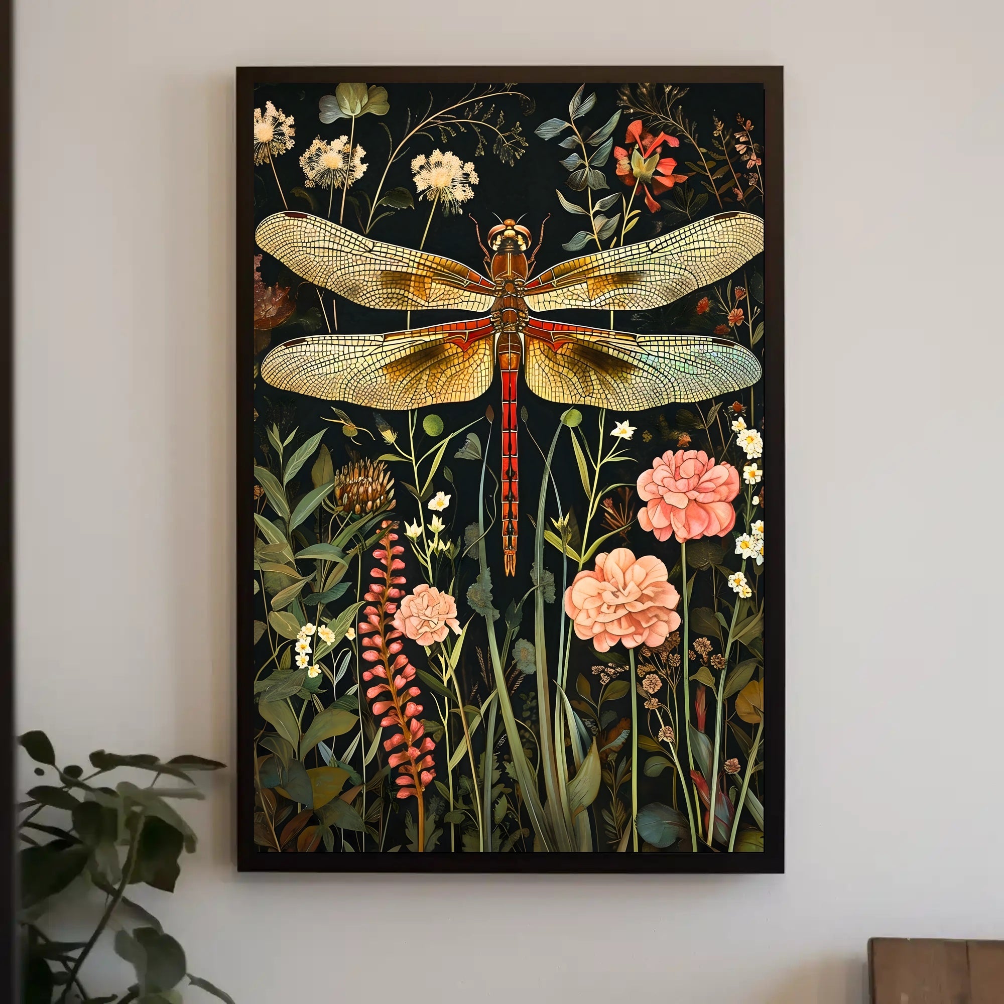 Dragonfly Botanical Art Print - Fantasy or Mythology Poster