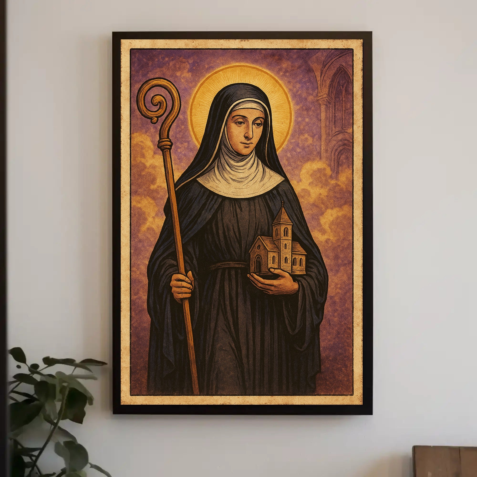 Saintly Figure with Church Poster PosterGoat