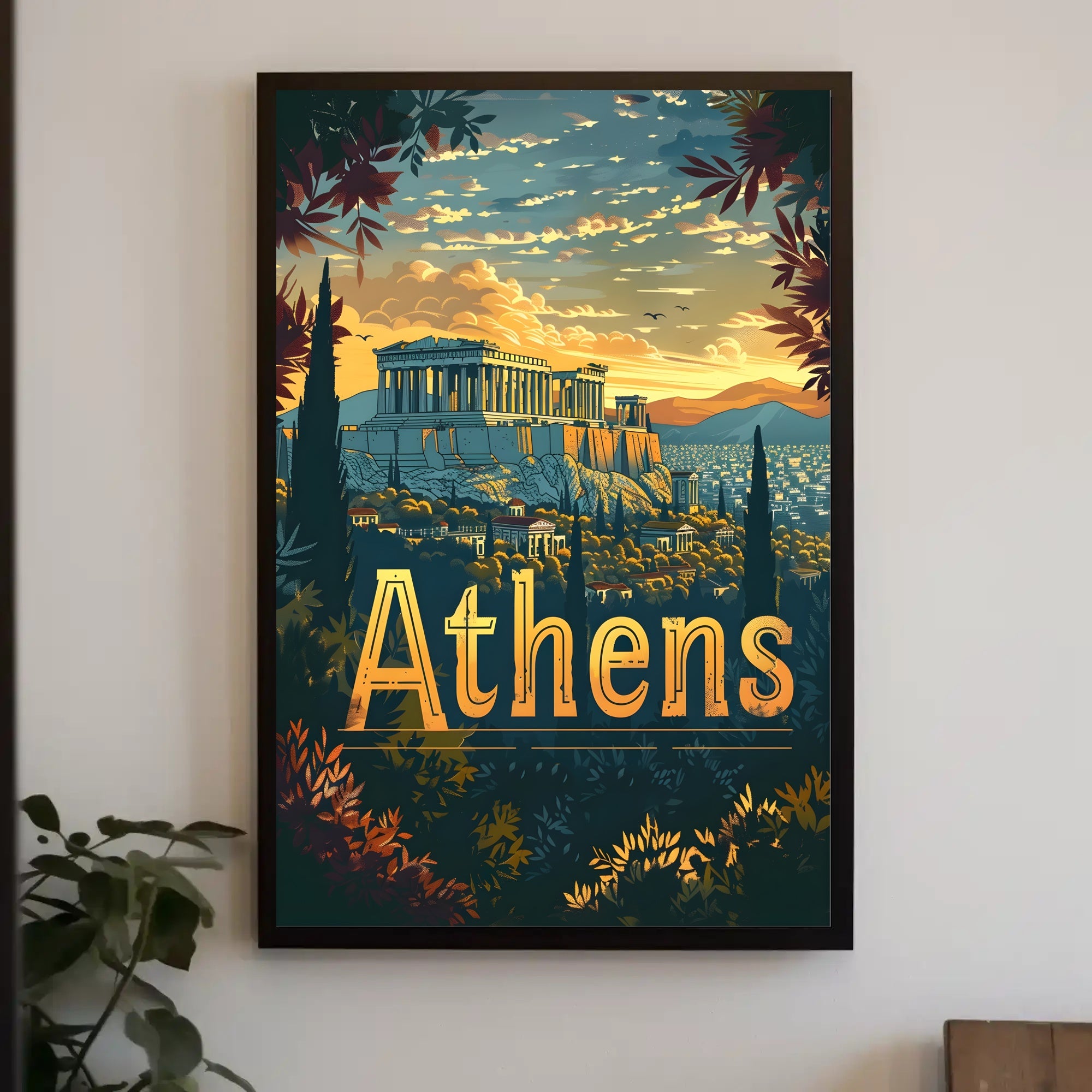 Athens Parthenon Sunset Vintage Travel Poster
