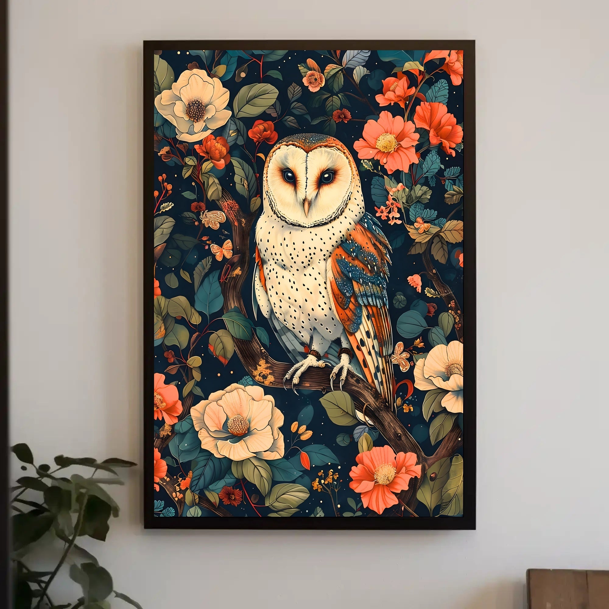 Barn Owl Amid Enchanted Flora: Artistic Animal Poster